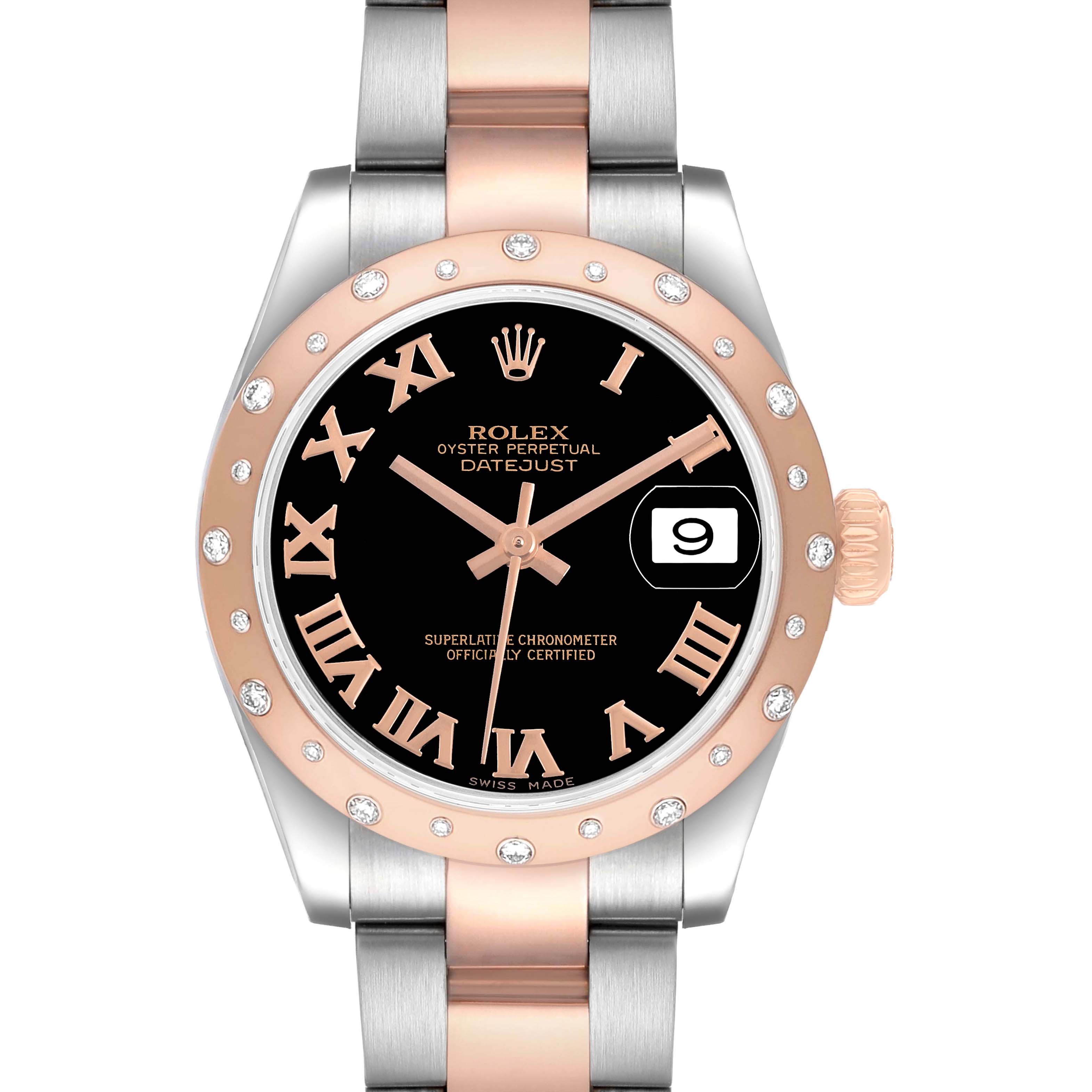 The Rolex Datejust 178341 Women's Steel and Gold (two tone) Black Dial watch is shown from a front angle highlighting its bezel, dial, bracelet, and crown.