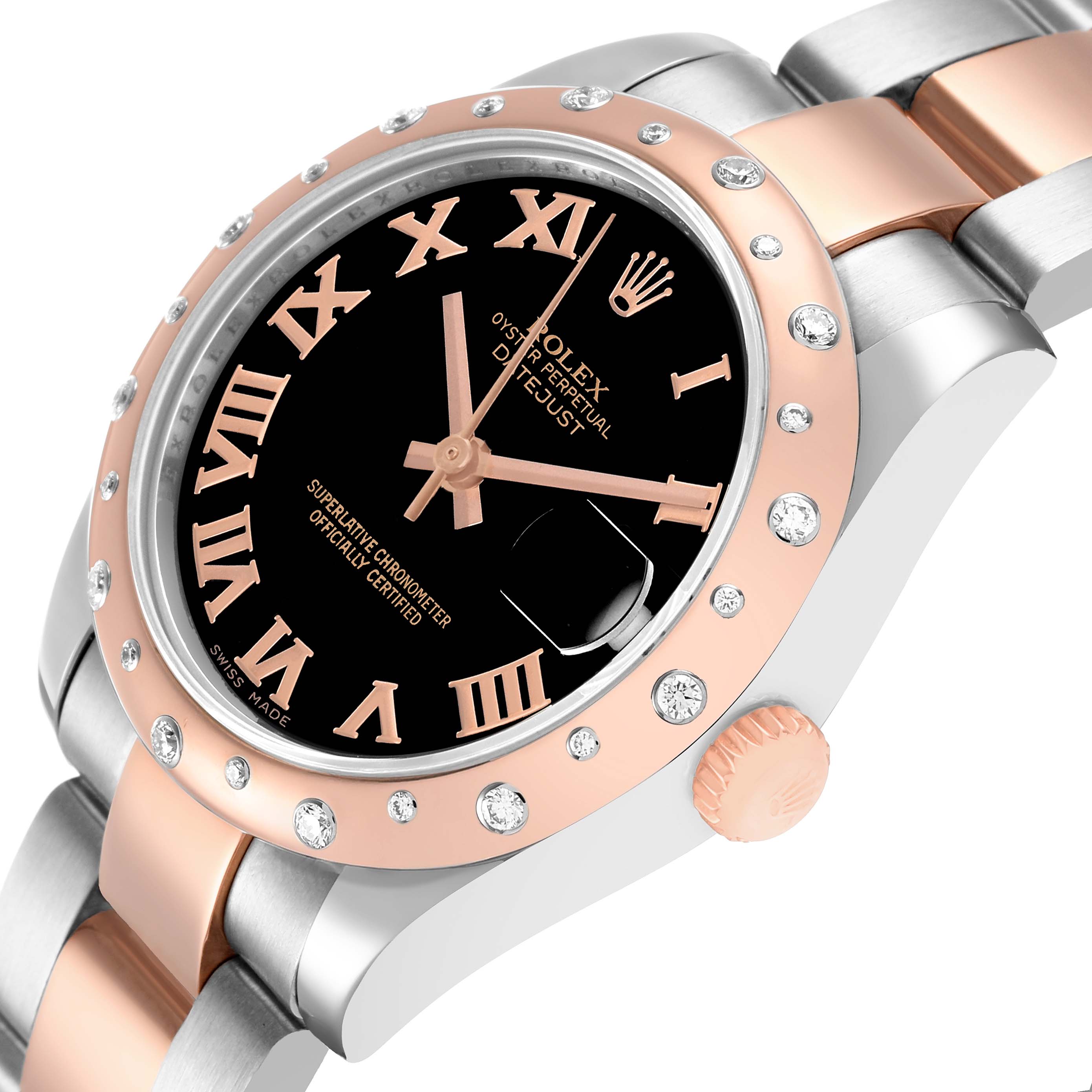 The Rolex Datejust 178341 Women's Steel and Gold (two tone) Black Dial is shown at an angled close-up, highlighting its rose gold bezel, black dial, diamond markers, and crown.