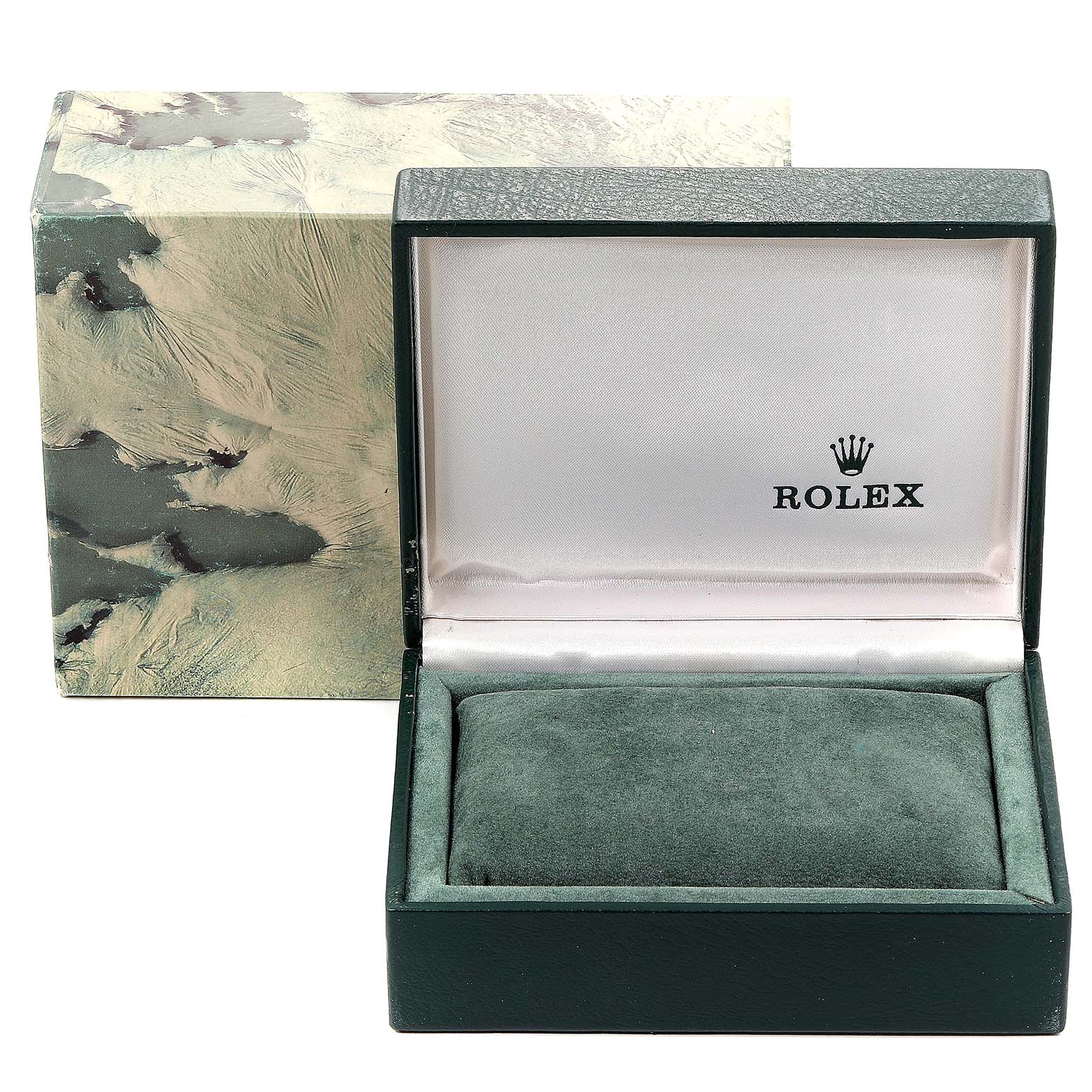 The image shows an open Rolex watch box and outer packaging for a Mid-Size model.