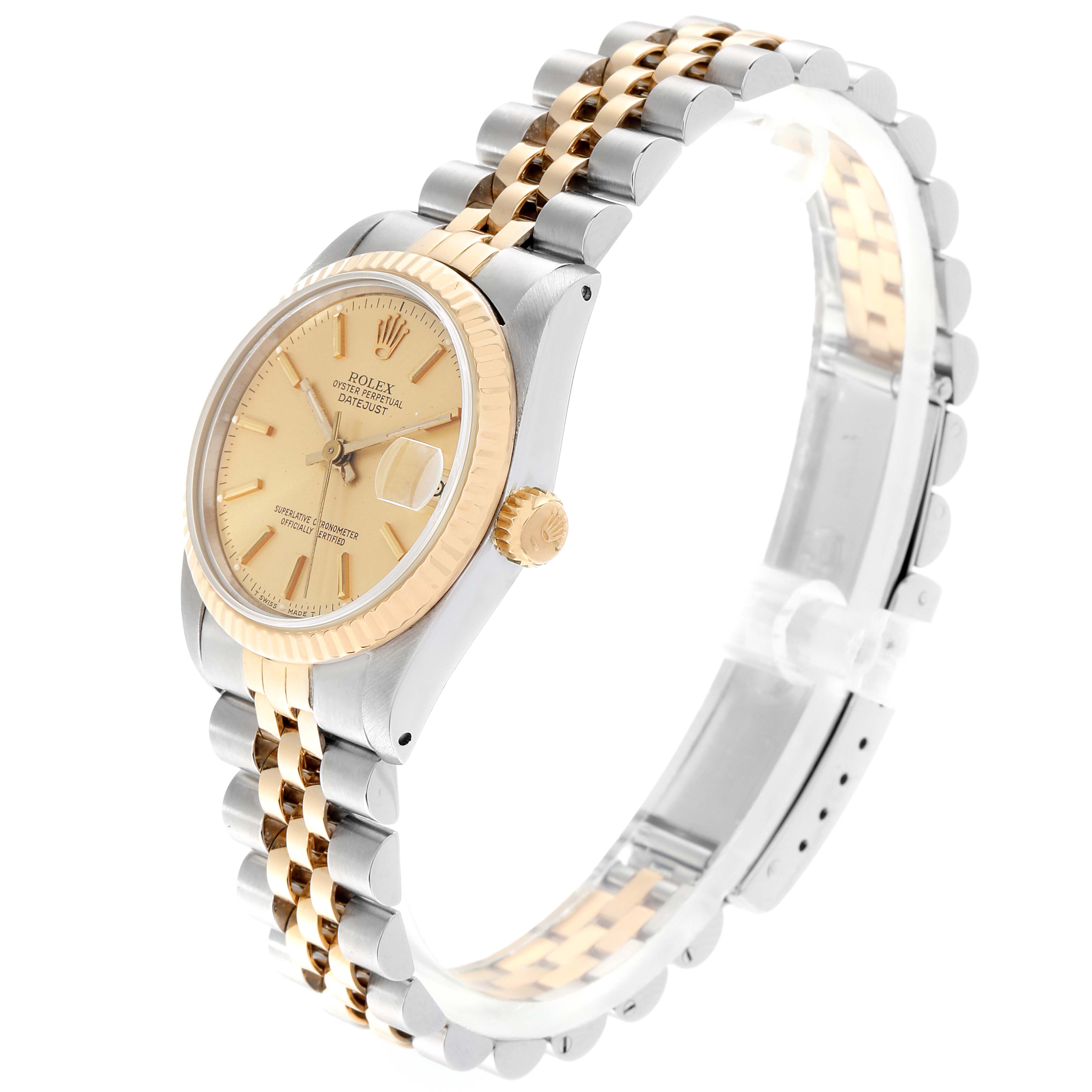 This image shows a side view of a Rolex Mid-Size 68273 Women
s Steel and Gold (two tone) Champagne Dial 68273 Women
s Steel and Gold (two tone) Champagne Dial model, highlighting the dial, bezel, crown, and bracelet.