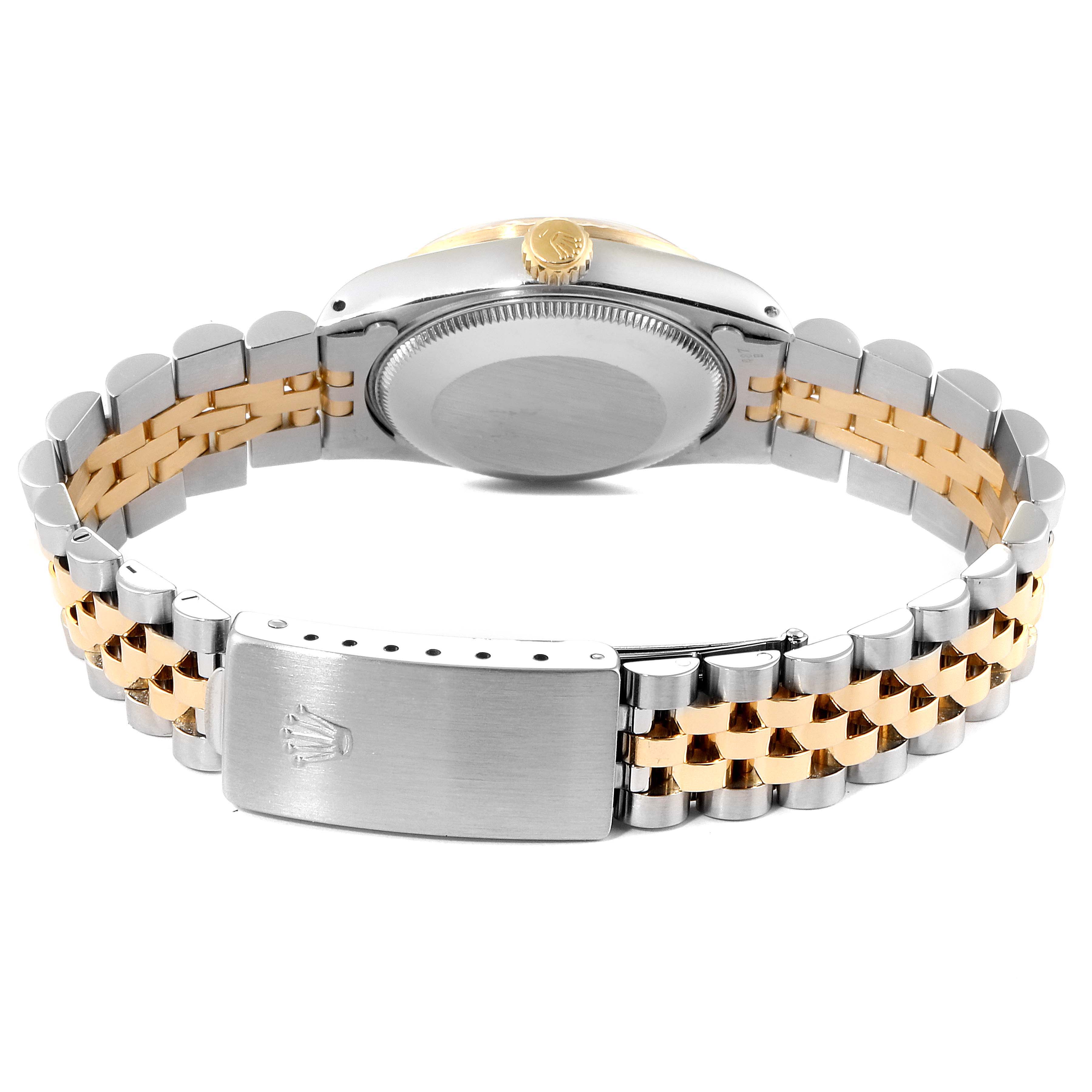 This image shows the back of a Rolex Mid-Size 68273 Women
s Steel and Gold (two tone) Champagne Dial 68273 Women
s Steel and Gold (two tone) Champagne Dial watch, focusing on its stainless steel and gold Jubilee bracelet and clasp.