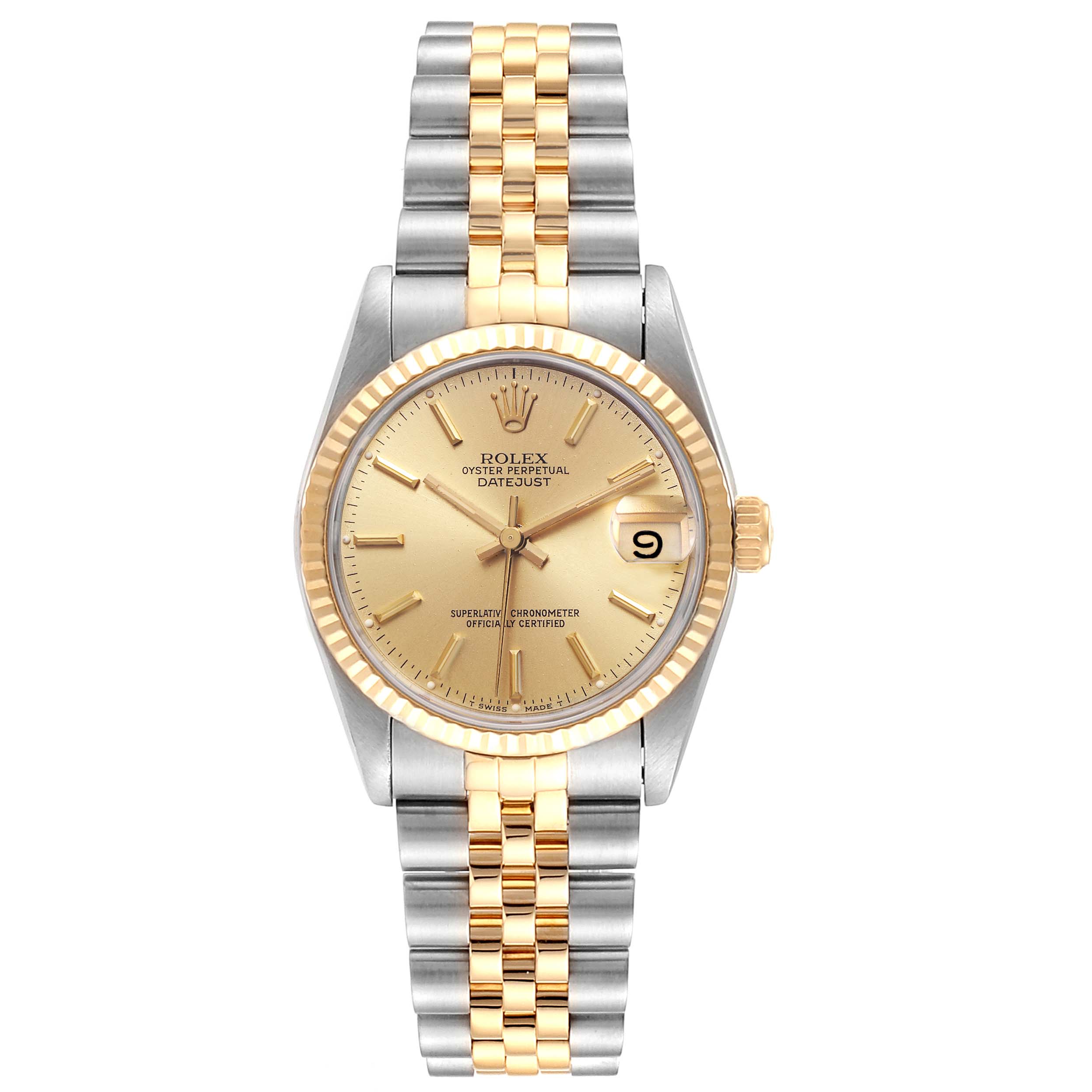 The image shows a front view of a Rolex Mid-Size 68273 Women
s Steel and Gold (two tone) Champagne Dial 68273 Women
s Steel and Gold (two tone) Champagne Dial Oyster Perpetual Datejust watch with a gold and silver Jubilee bracelet and gold dial.