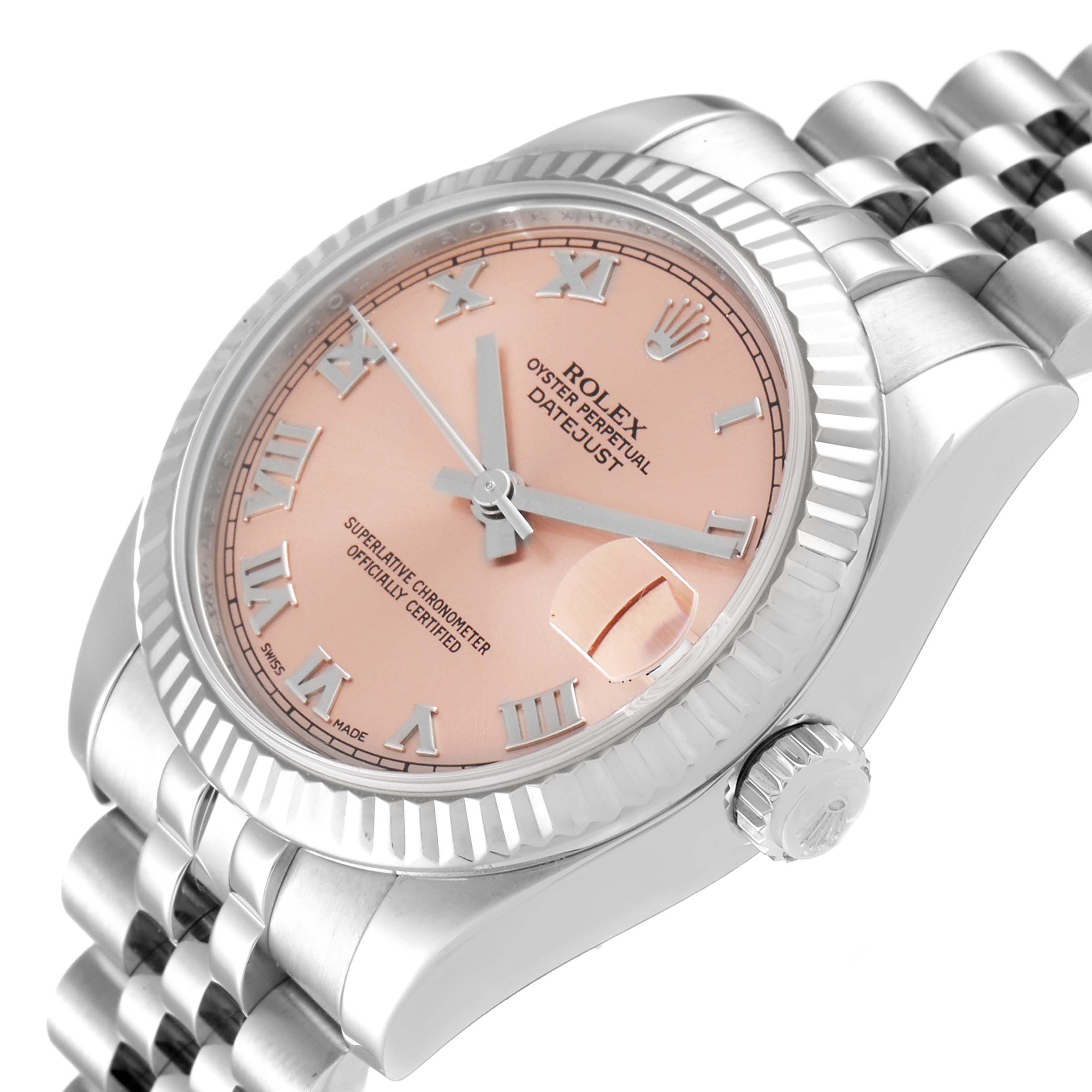 The image shows a mid-size Rolex Oyster Perpetual Datejust watch at a slight angle, highlighting the pink dial, bezel, crown, and bracelet.