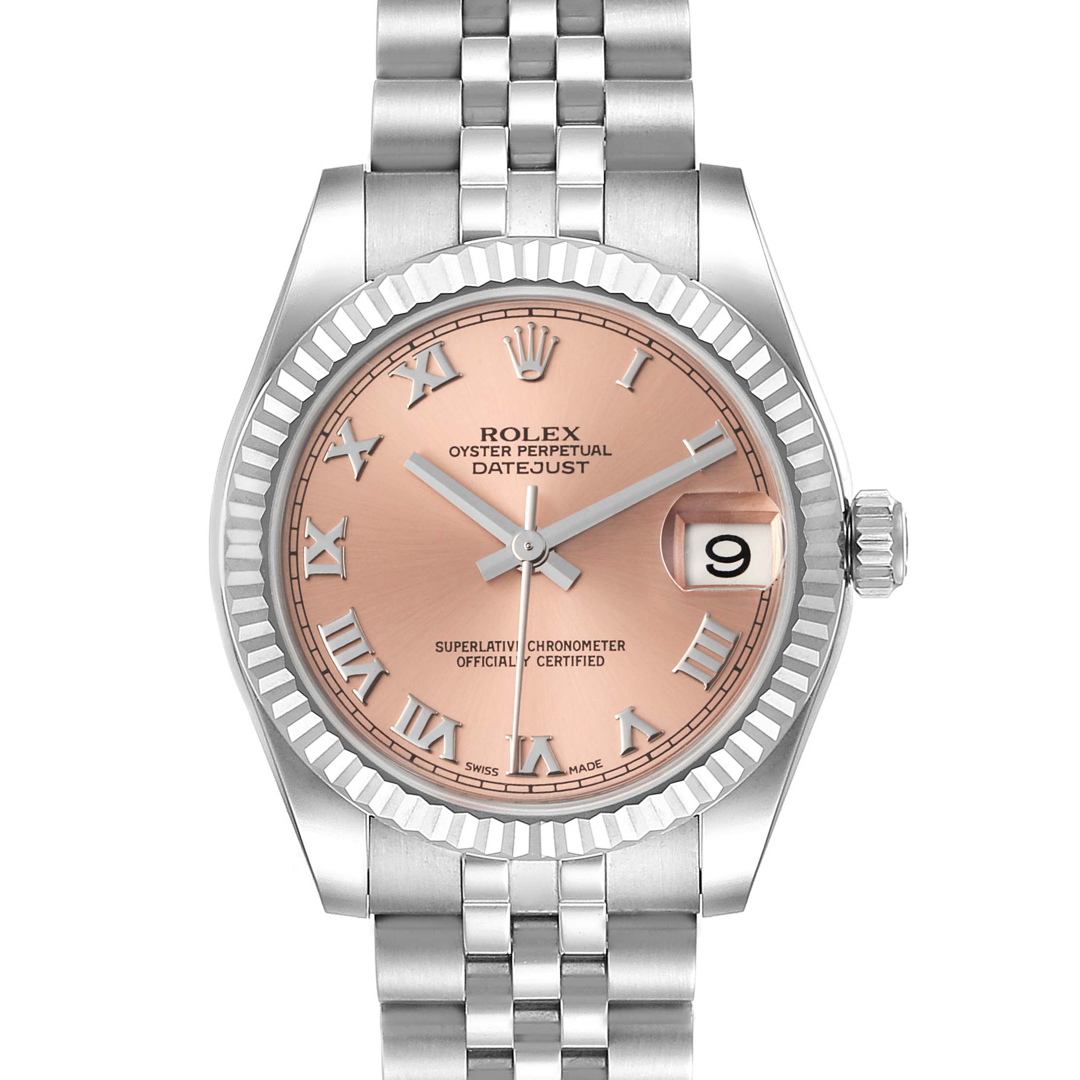 The image shows the front view of a Rolex Oyster Perpetual Datejust Mid-Size watch, highlighting the dial, case, and bracelet.
