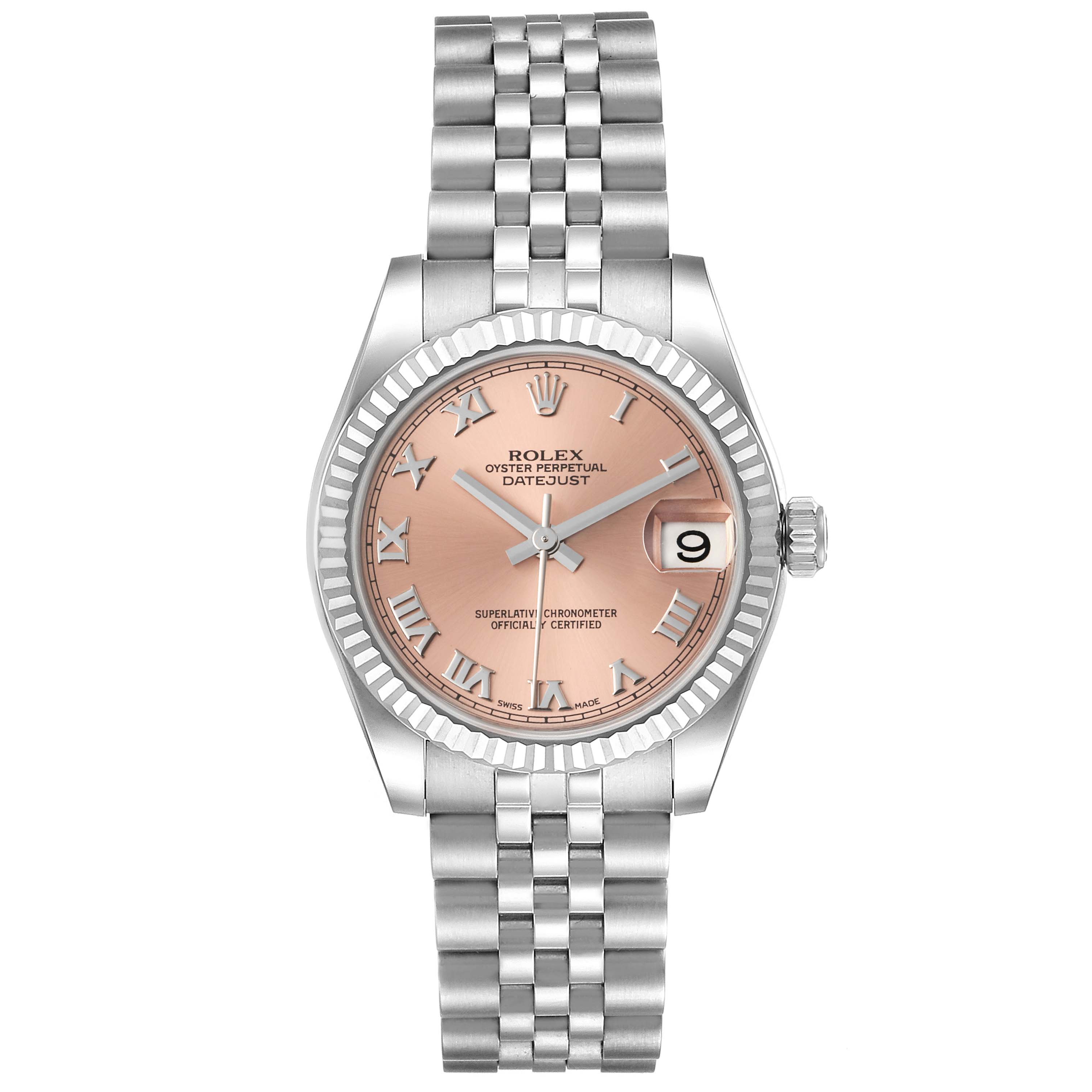 This image shows a frontal view of a Rolex Oyster Perpetual Datejust Mid-Size model, featuring the dial, bezel, and bracelet.