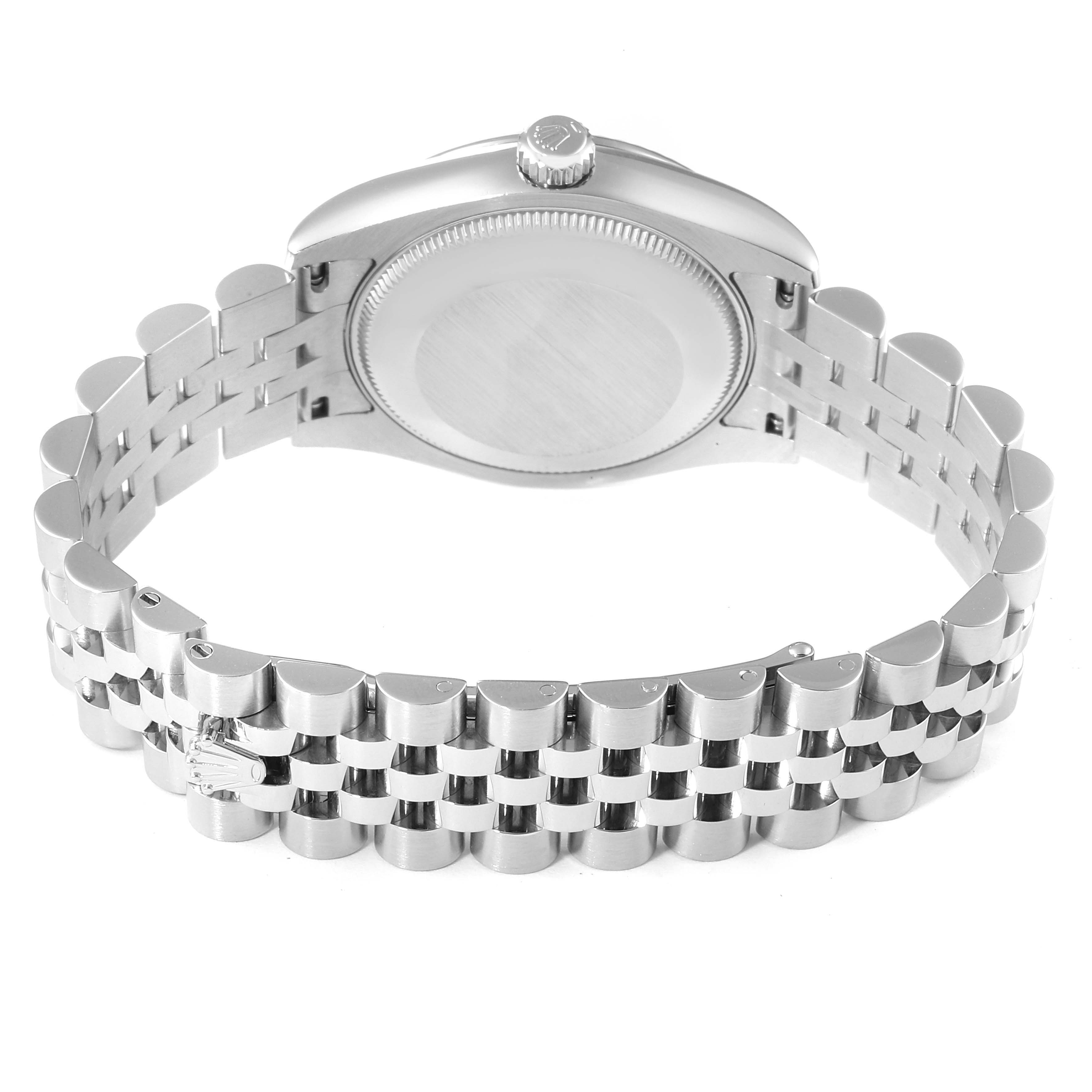 The image shows the back of a Mid-Size Rolex watch, focusing on the bracelet and case back.