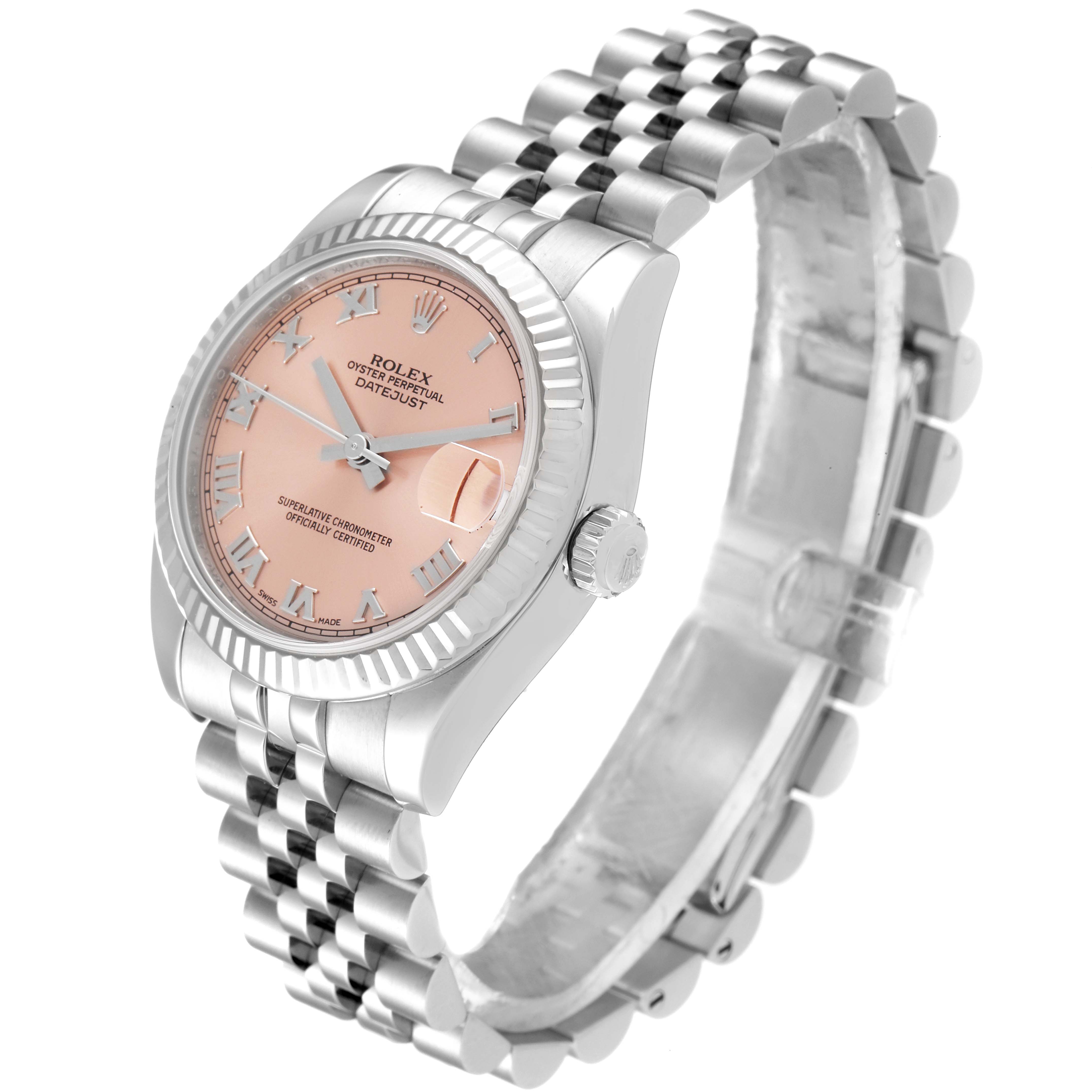 The image shows a Mid-Size Rolex Datejust watch at an angle highlighting its face, bezel, and bracelet.