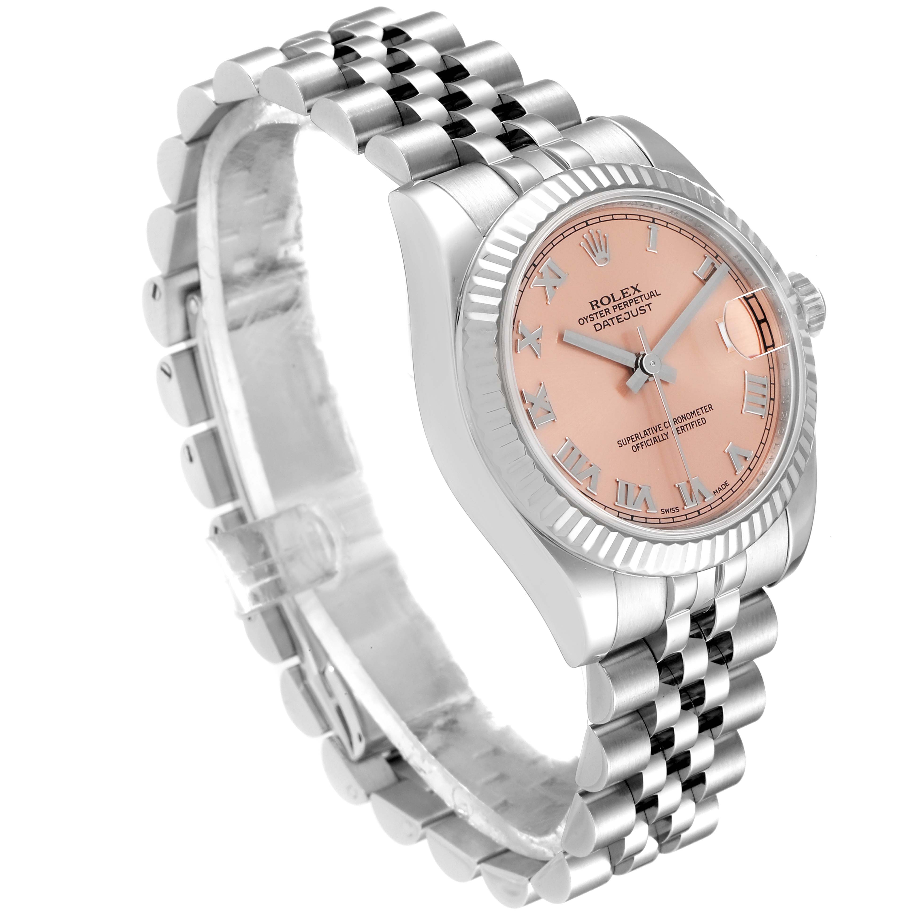 The image shows a Rolex Mid-Size 178274 Women's Stainless Steel Pink Dial 178274 Women's Stainless Steel Pink Dial Datejust watch at a slight angle, highlighting the bracelet, dial, and bezel.