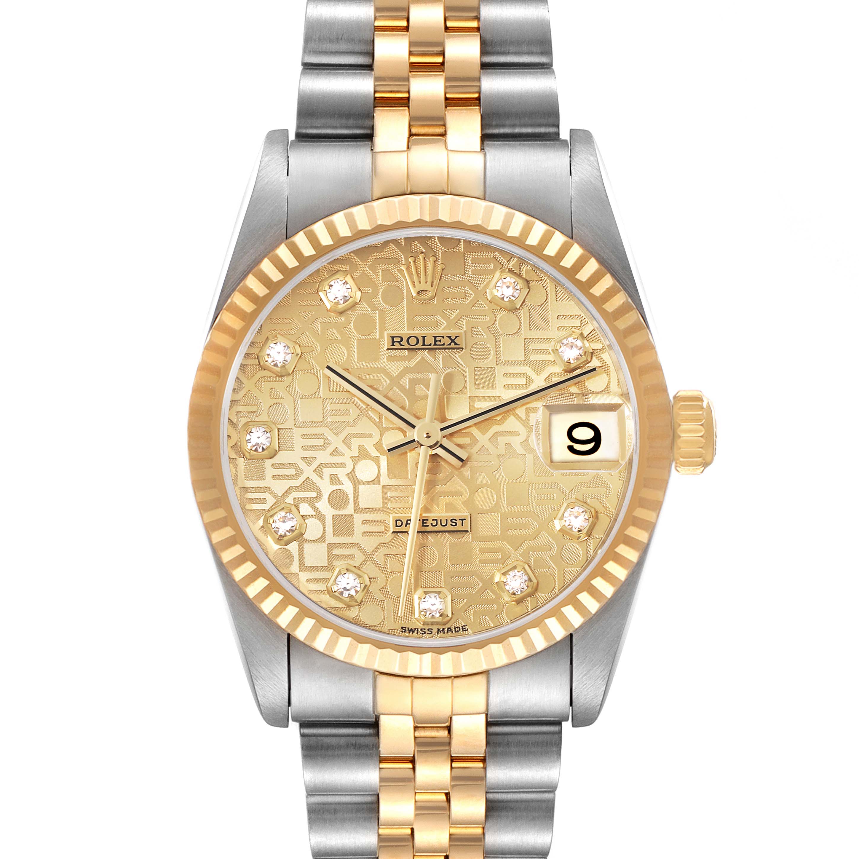 The image shows a front view of a Mid-Size Rolex Datejust watch, displaying its dial, bezel, crown, and bracelet.