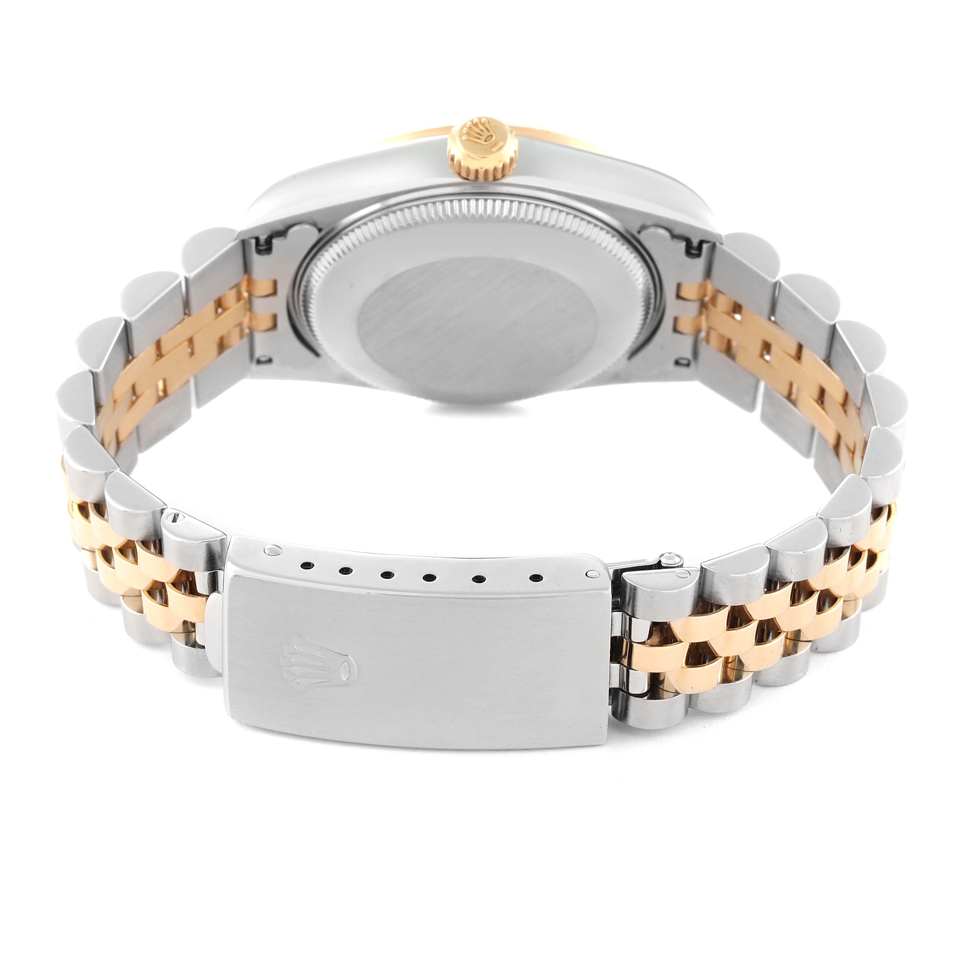 This image shows the back case and bracelet of a mid-size Rolex watch, featuring a two-tone metal design with the clasp open.