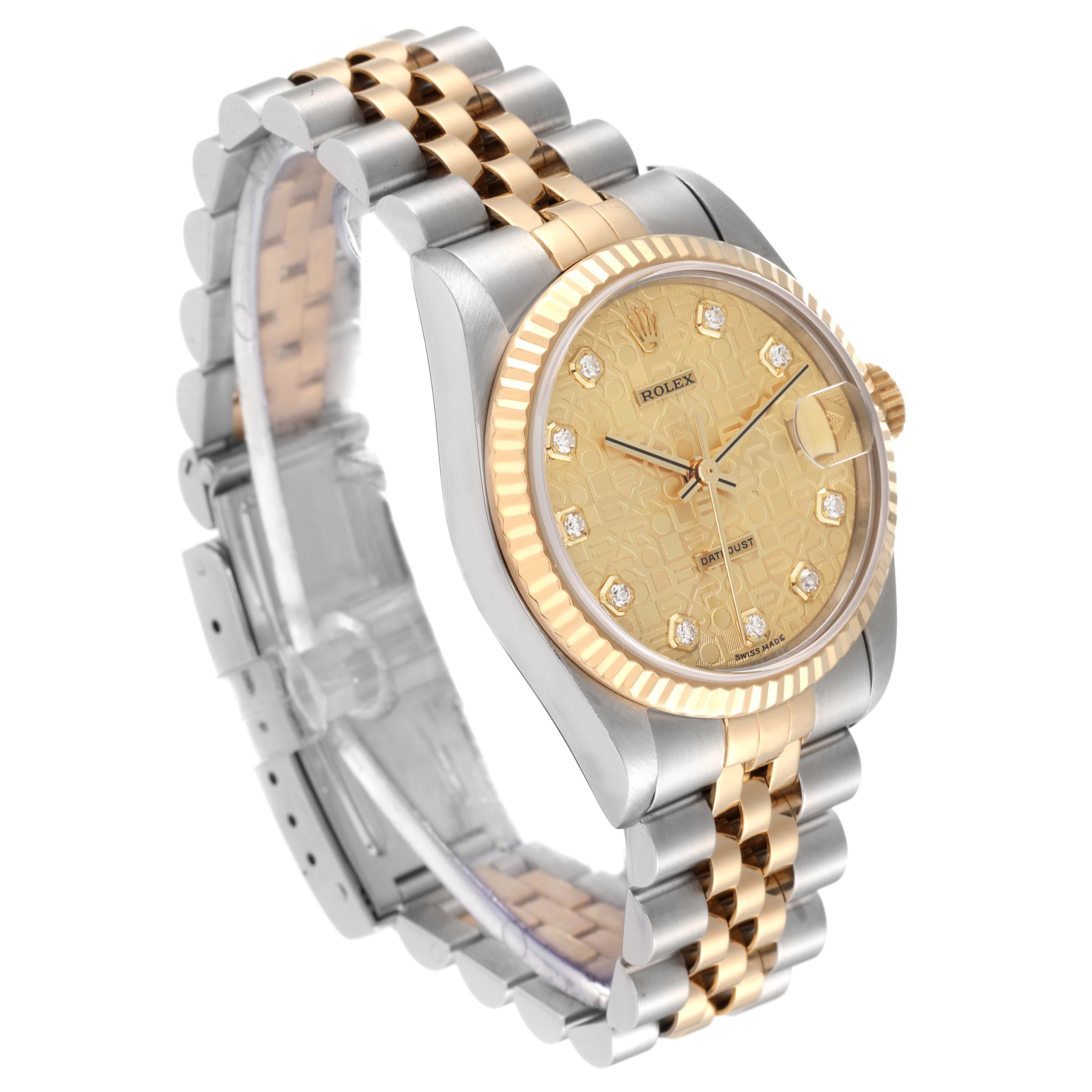 The image shows a side angle view of a mid-size Rolex watch, highlighting its dial, bezel, and two-tone bracelet.