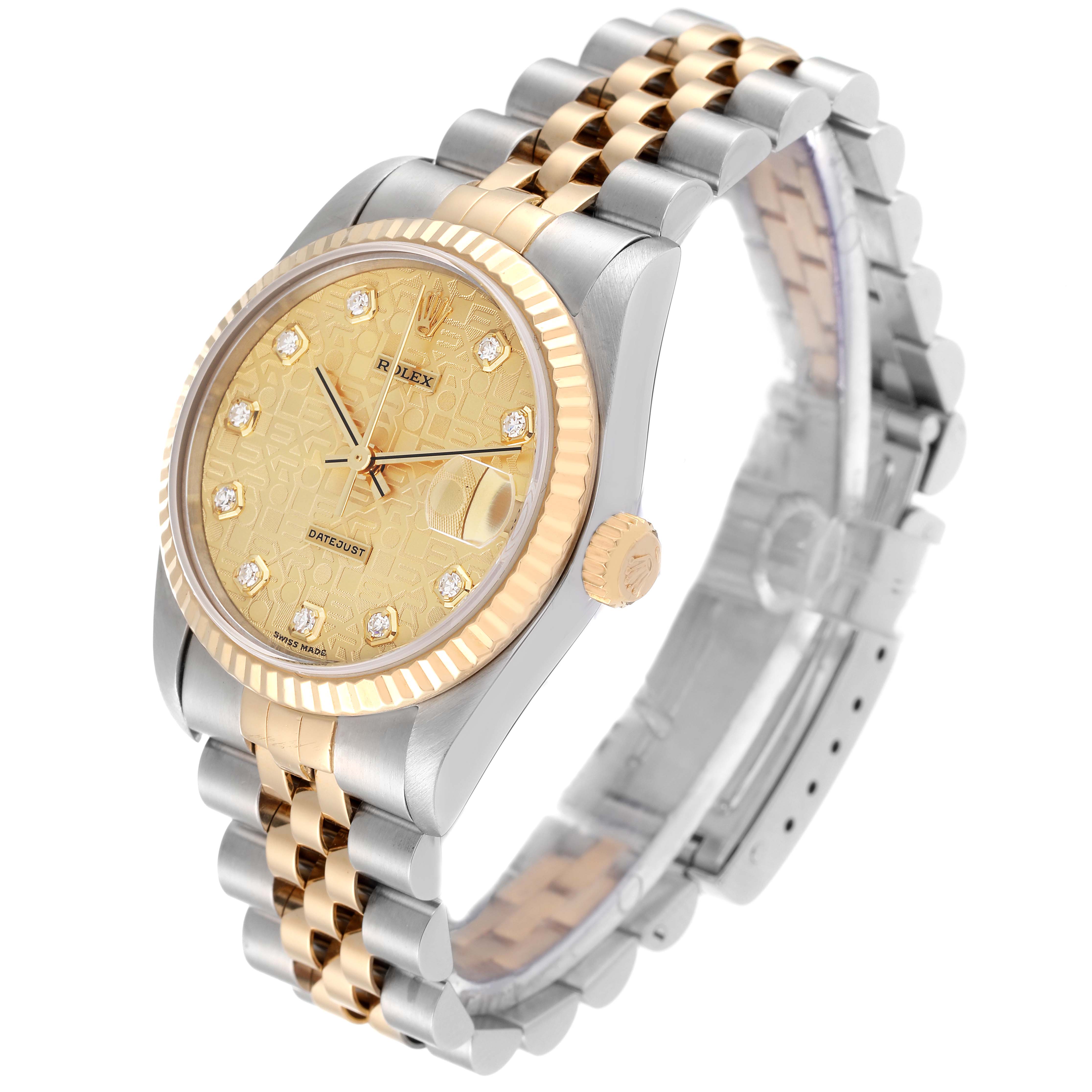 The image shows a Rolex Mid-Size 78273 Women
s Steel and Gold (two tone) Champagne Dial 78273 Women
s Steel and Gold (two tone) Champagne Dial Datejust watch from an angled side view, highlighting its bi-metal bracelet, gold dial, and fluted bezel.