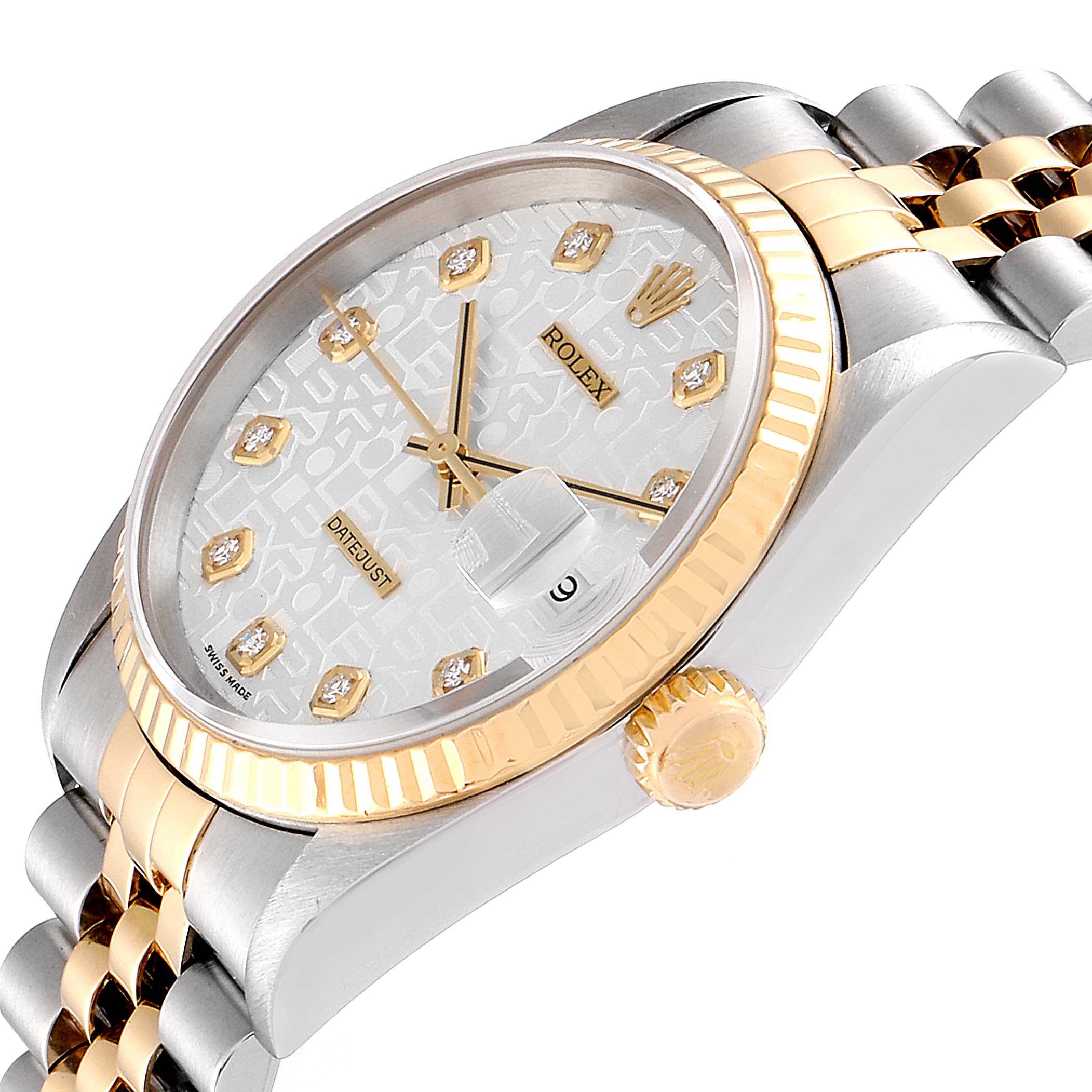 The image shows a side view of the Rolex Datejust 16233 Men
s Steel and Gold (two tone) Silver Dial 16233 Men
s Steel and Gold (two tone) Silver Dial watch, highlighting the bezel, dial, crown, and part of the bracelet.