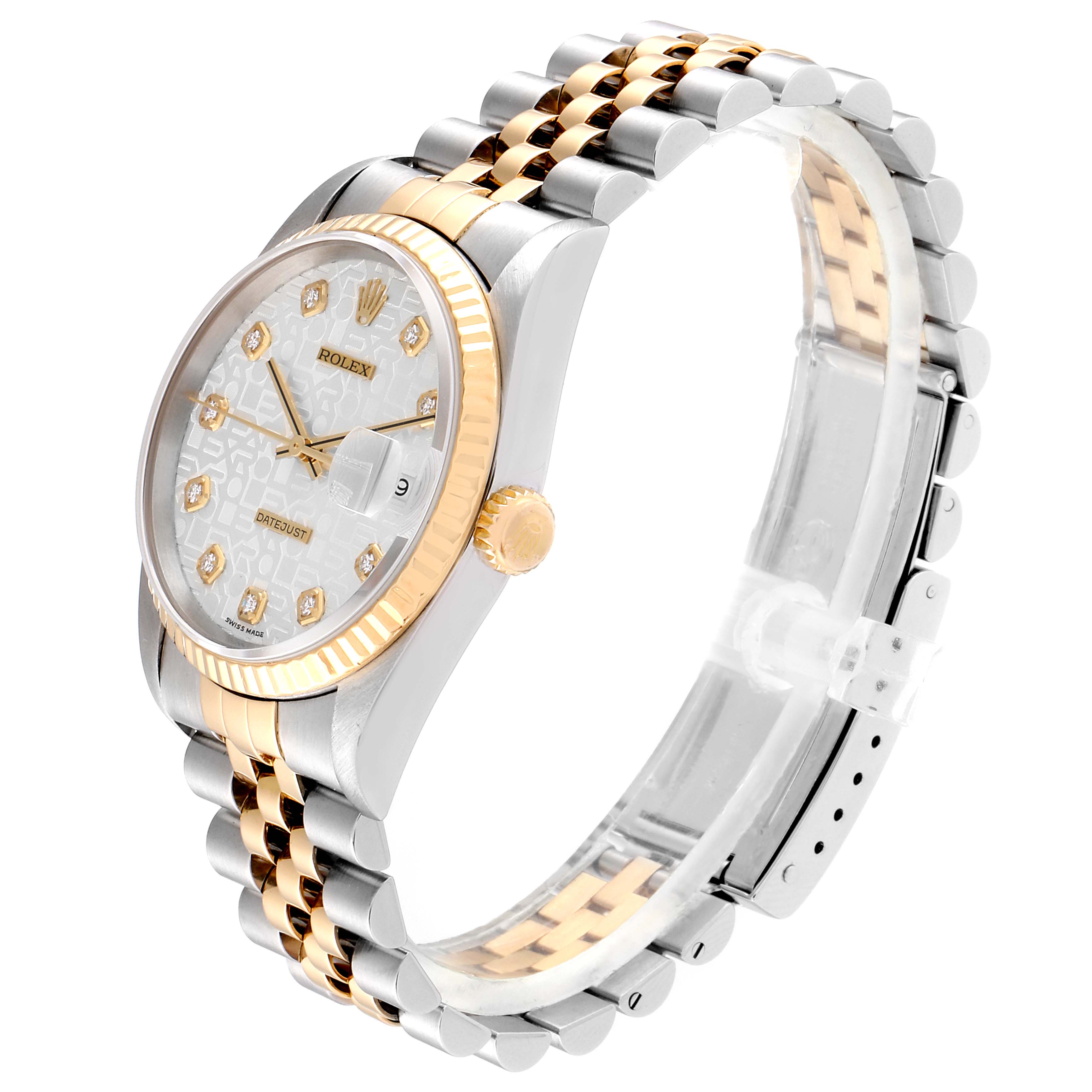 The Rolex Datejust 16233 Men
s Steel and Gold (two tone) Silver Dial 16233 Men
s Steel and Gold (two tone) Silver Dial watch is shown at a slight angle, highlighting its face, bezel, crown, and bracelet.