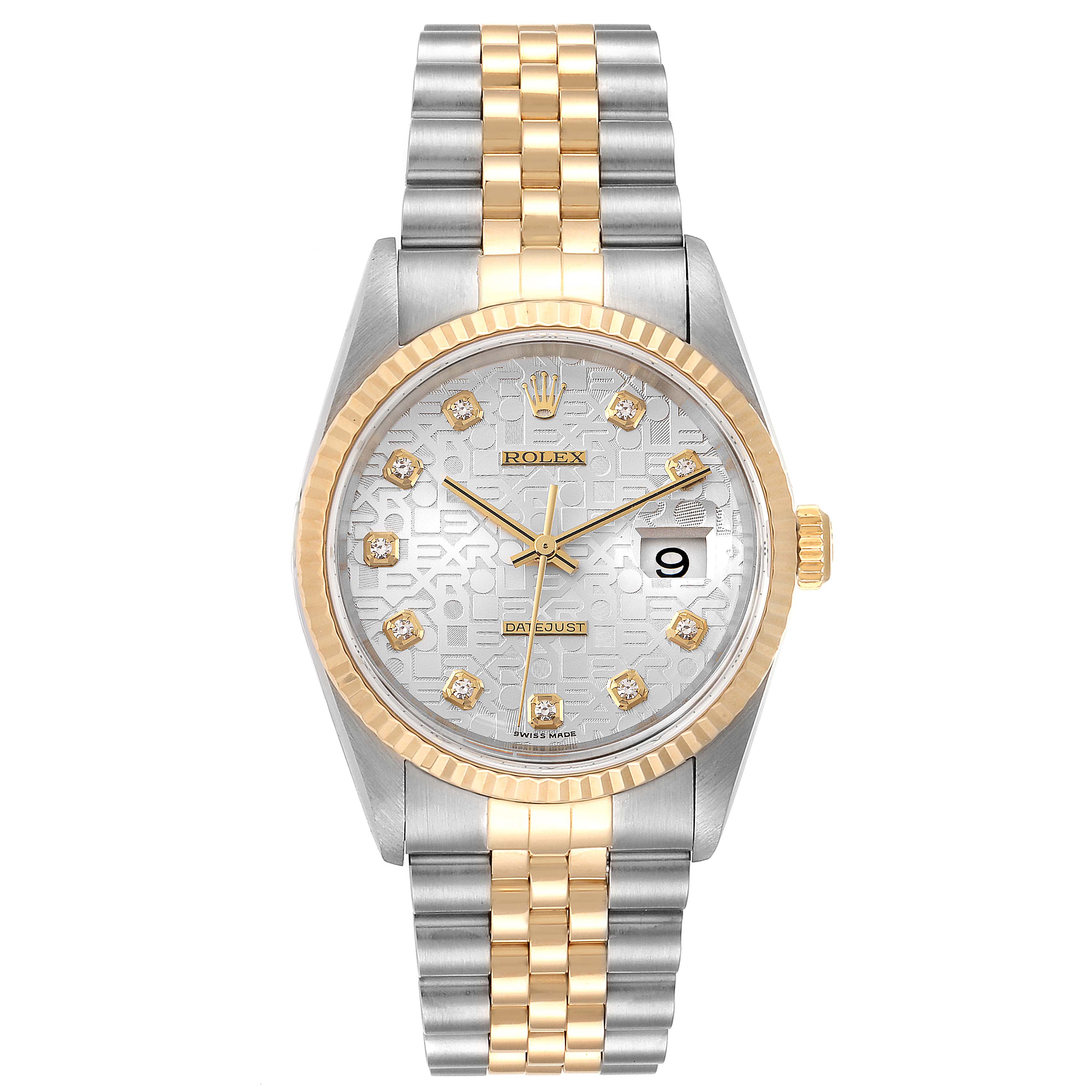 The picture displays a Rolex Datejust 16233 Men
s Steel and Gold (two tone) Silver Dial 16233 Men
s Steel and Gold (two tone) Silver Dial watch from a front angle, showing the face, bezel, dial, crown, and bracelet.