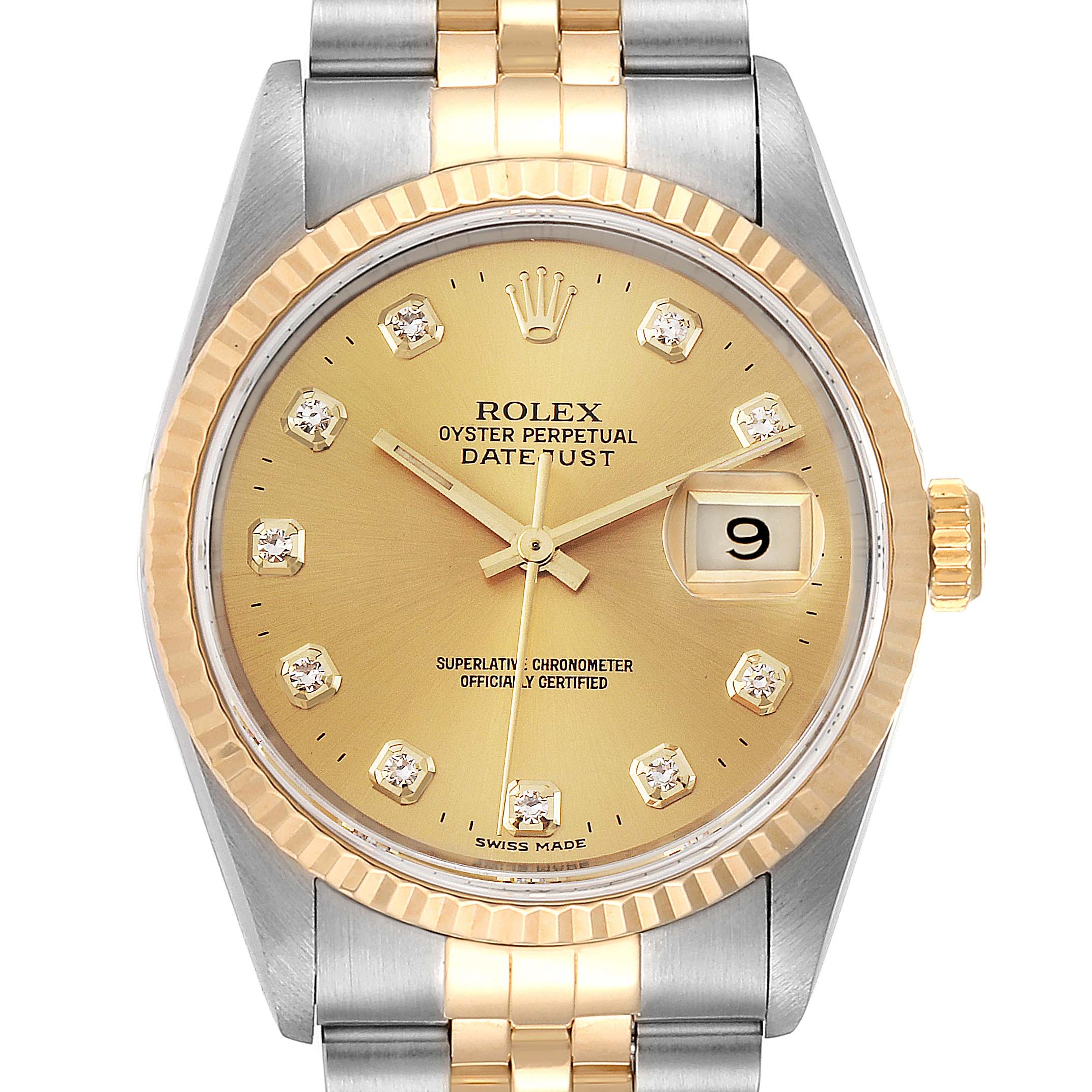 The image shows a frontal view of the Rolex Datejust 16233 Men
s Steel and Gold (two tone) Champagne Dial 16233 Men
s Steel and Gold (two tone) Champagne Dial watch, highlighting its gold and silver bracelet, gold dial, and the date display at 3 o
clock.