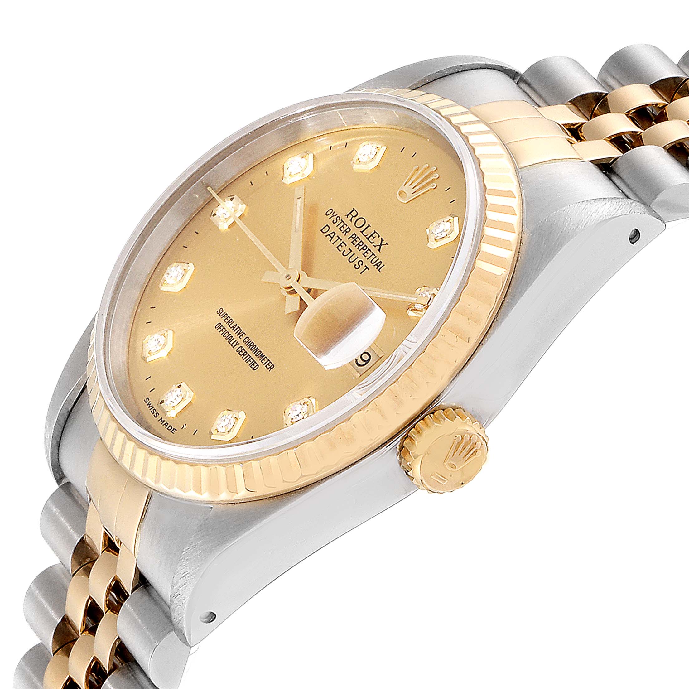 This image shows a close-up angle of the Rolex Datejust 16233 Men
s Steel and Gold (two tone) Champagne Dial 16233 Men
s Steel and Gold (two tone) Champagne Dial watch, highlighting the dial, crown, and bracelet.