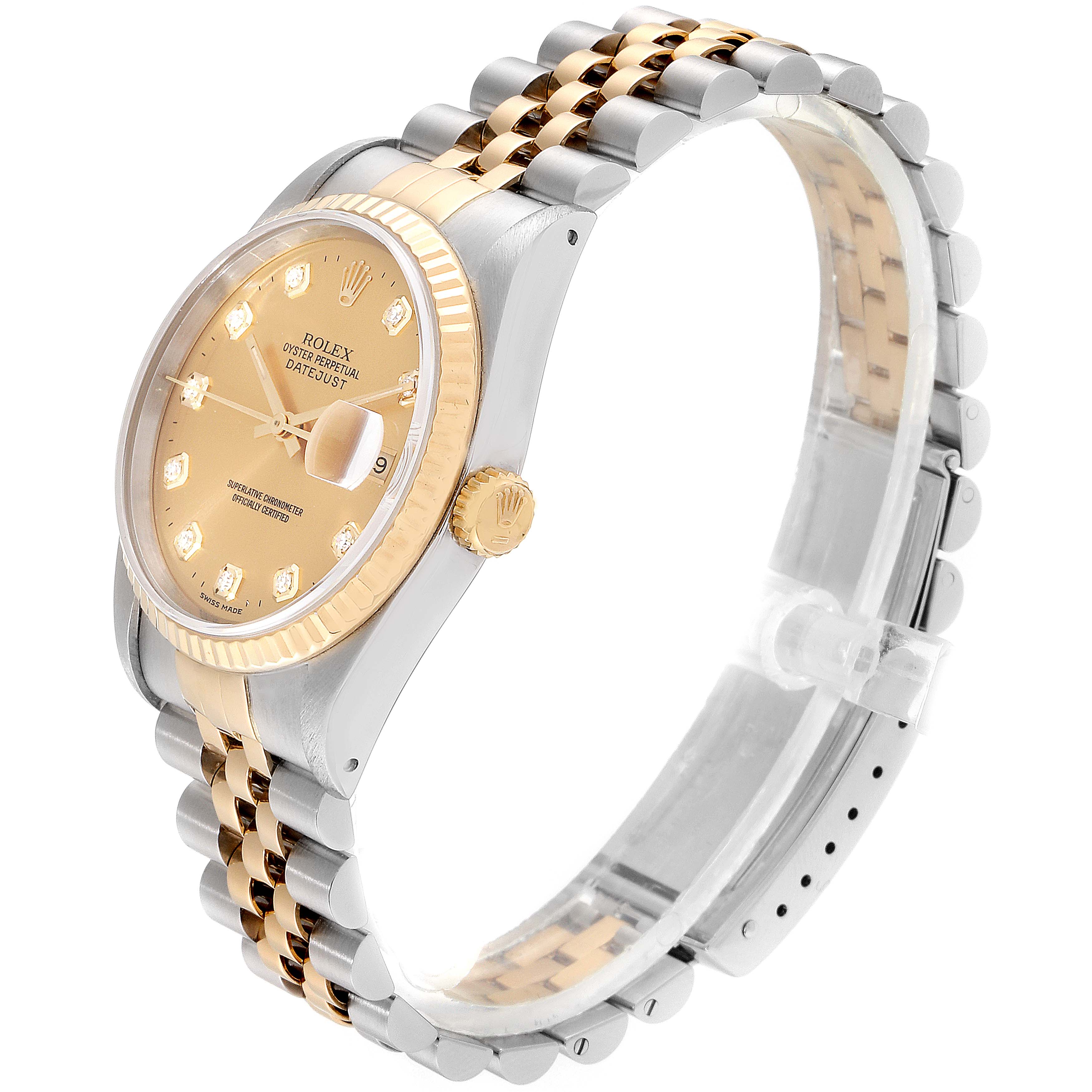 The image shows a Rolex Datejust 16233 Men
s Steel and Gold (two tone) Champagne Dial 16233 Men
s Steel and Gold (two tone) Champagne Dial model watch, angled to display the side and part of the bracelet with a clear view of the face, bezel, and crown.