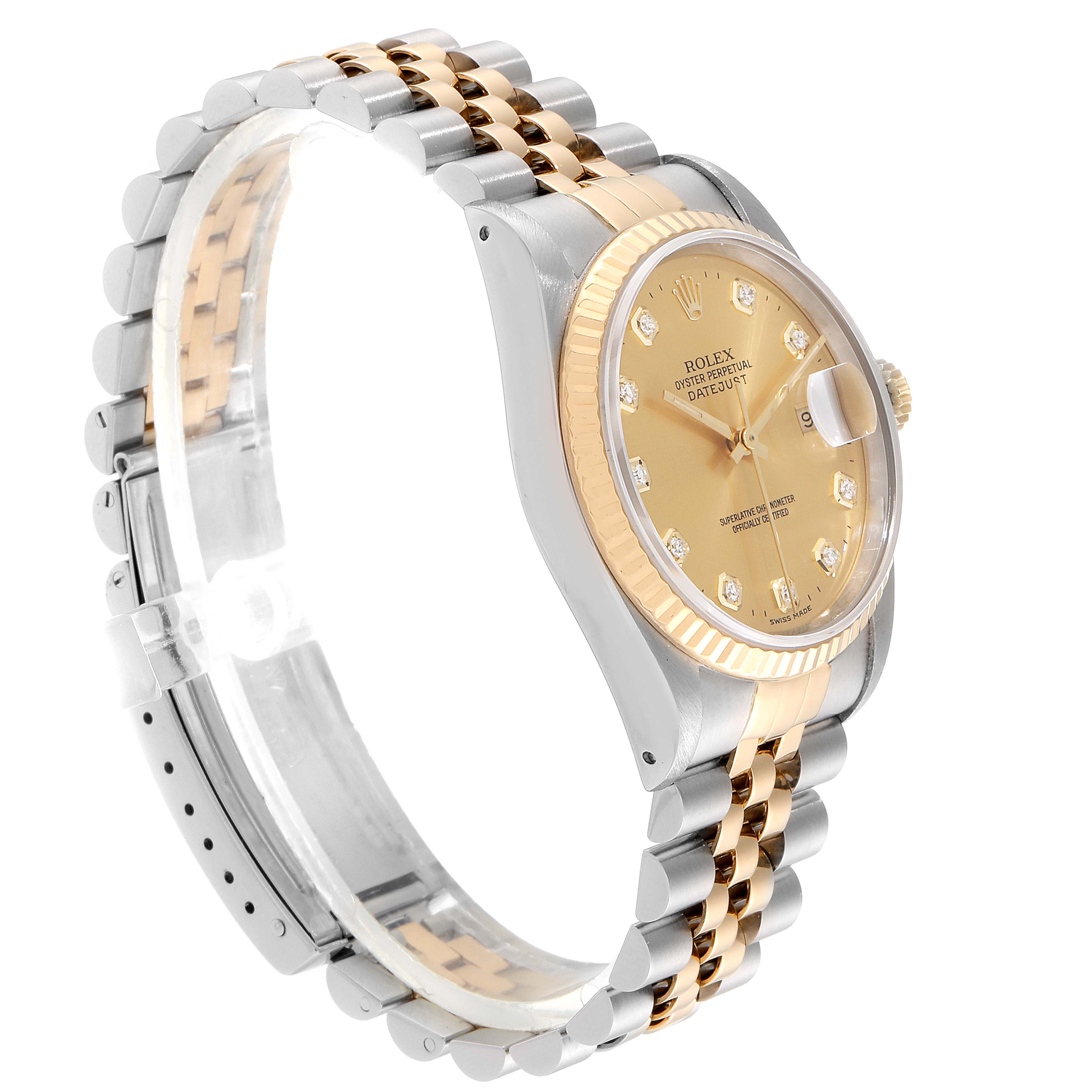 The Rolex Datejust 16233 Men
s Steel and Gold (two tone) Champagne Dial 16233 Men
s Steel and Gold (two tone) Champagne Dial watch is shown at a three-quarter angle, highlighting its face, bezel, and jubilee bracelet.