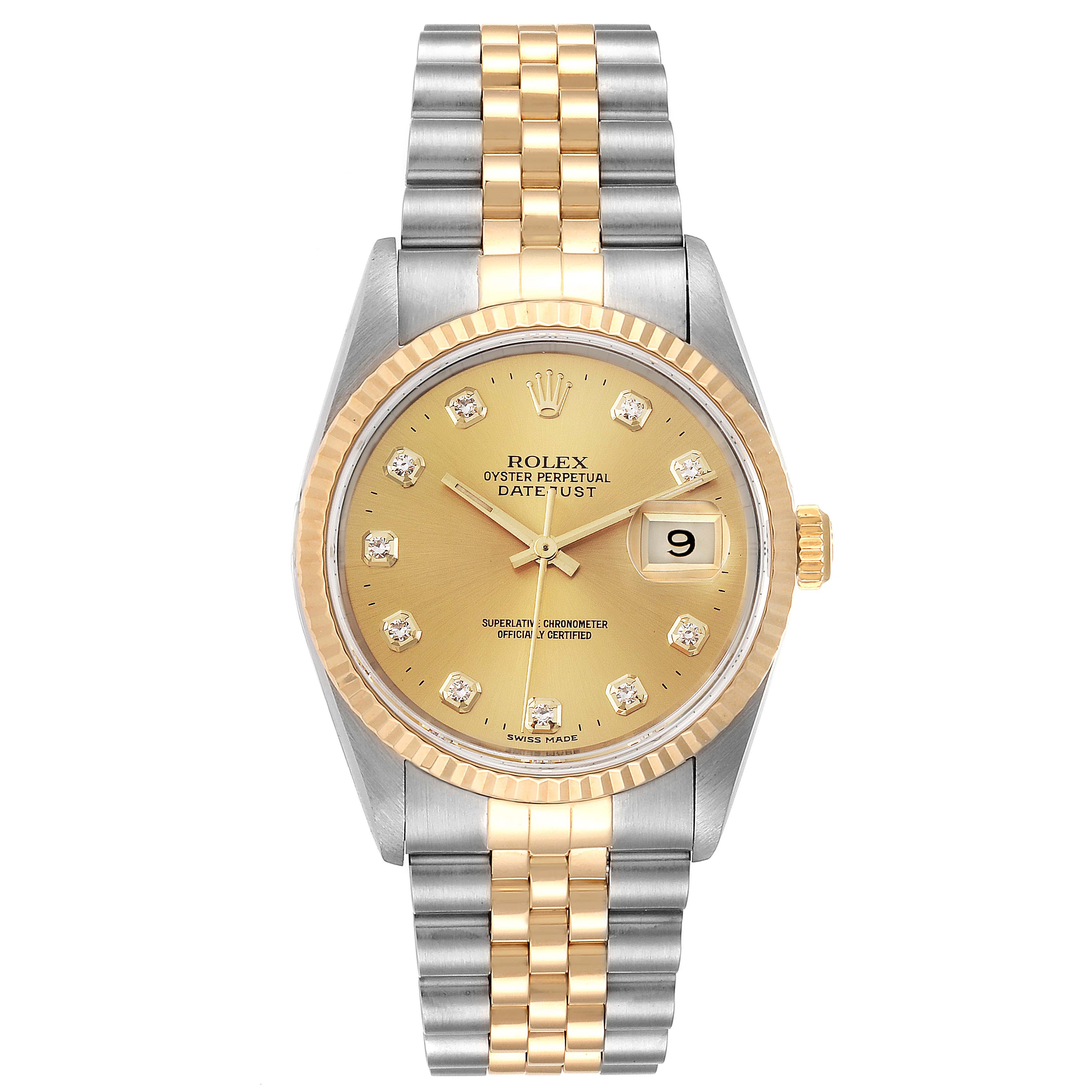 The image shows a front view of a Rolex Datejust 16233 Men
s Steel and Gold (two tone) Champagne Dial 16233 Men
s Steel and Gold (two tone) Champagne Dial watch, highlighting its two-tone metal bracelet, gold dial, and date window.