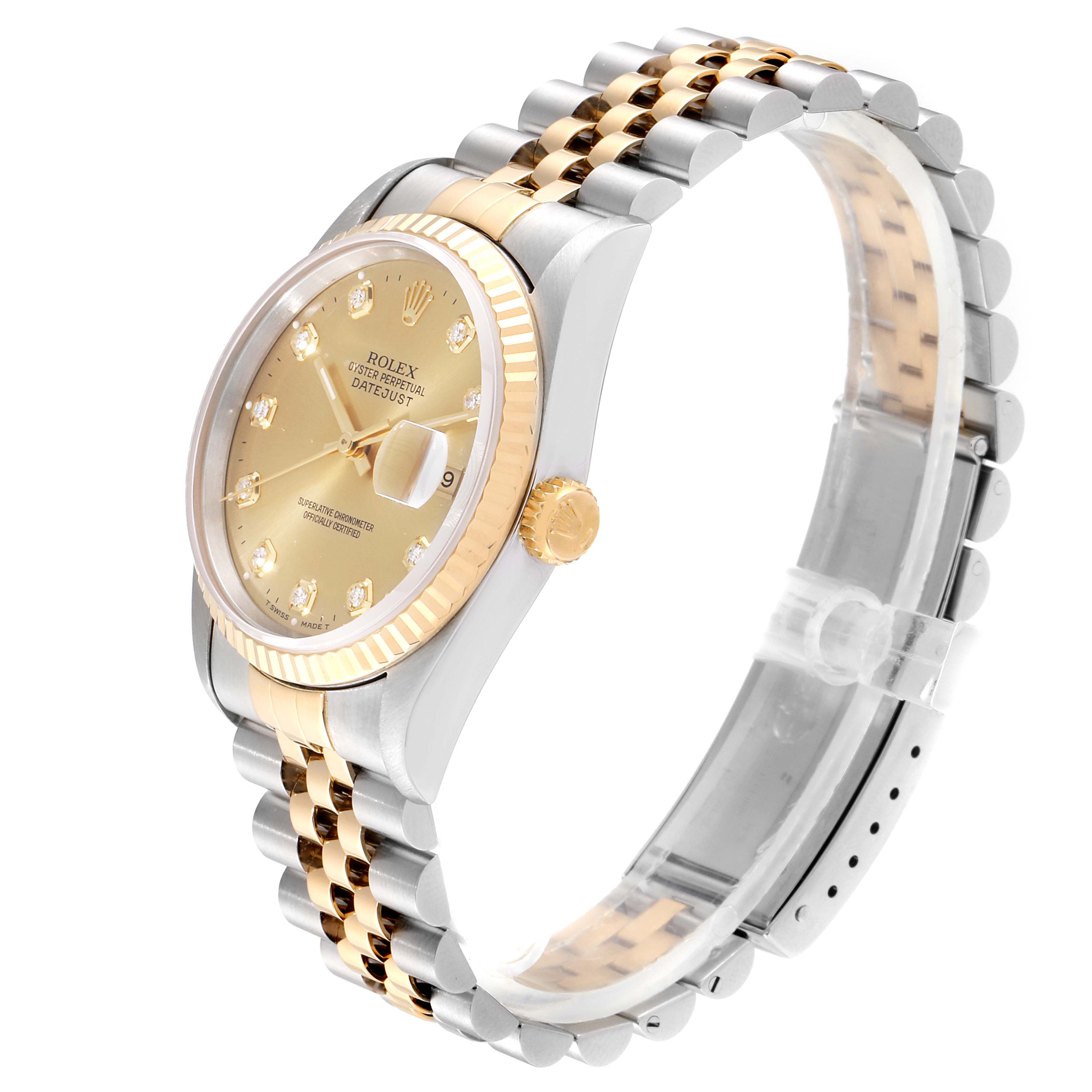 The image shows a side angle of a Rolex Datejust 16233 Men
s Steel and Gold (two tone) Champagne Dial 16233 Men
s Steel and Gold (two tone) Champagne Dial watch, highlighting its gold dial, fluted bezel, and two-tone jubilee bracelet.