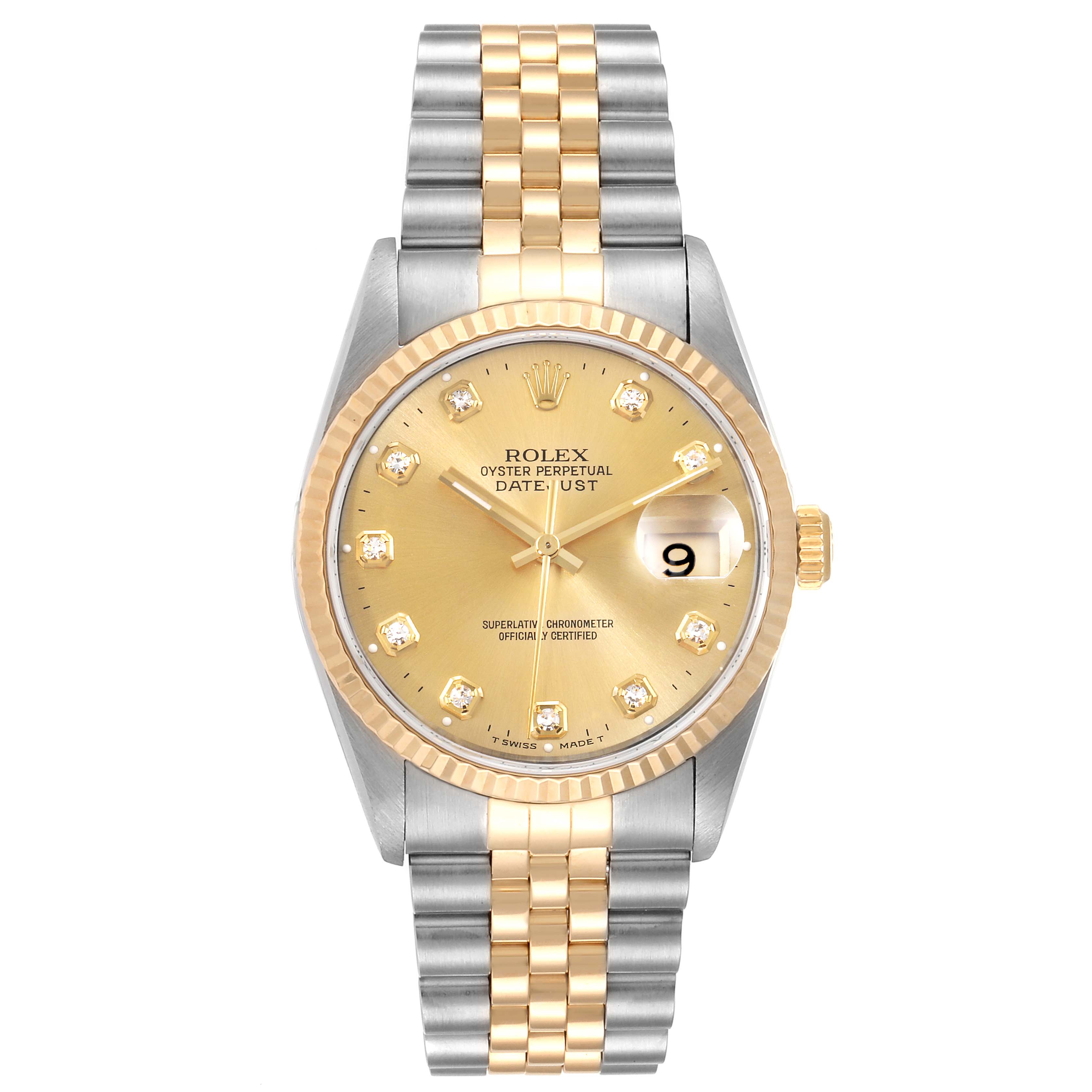 This image shows a front view of a Rolex Datejust 16233 Men
s Steel and Gold (two tone) Champagne Dial 16233 Men
s Steel and Gold (two tone) Champagne Dial watch, highlighting its gold and silver bracelet, gold dial, and date window.
