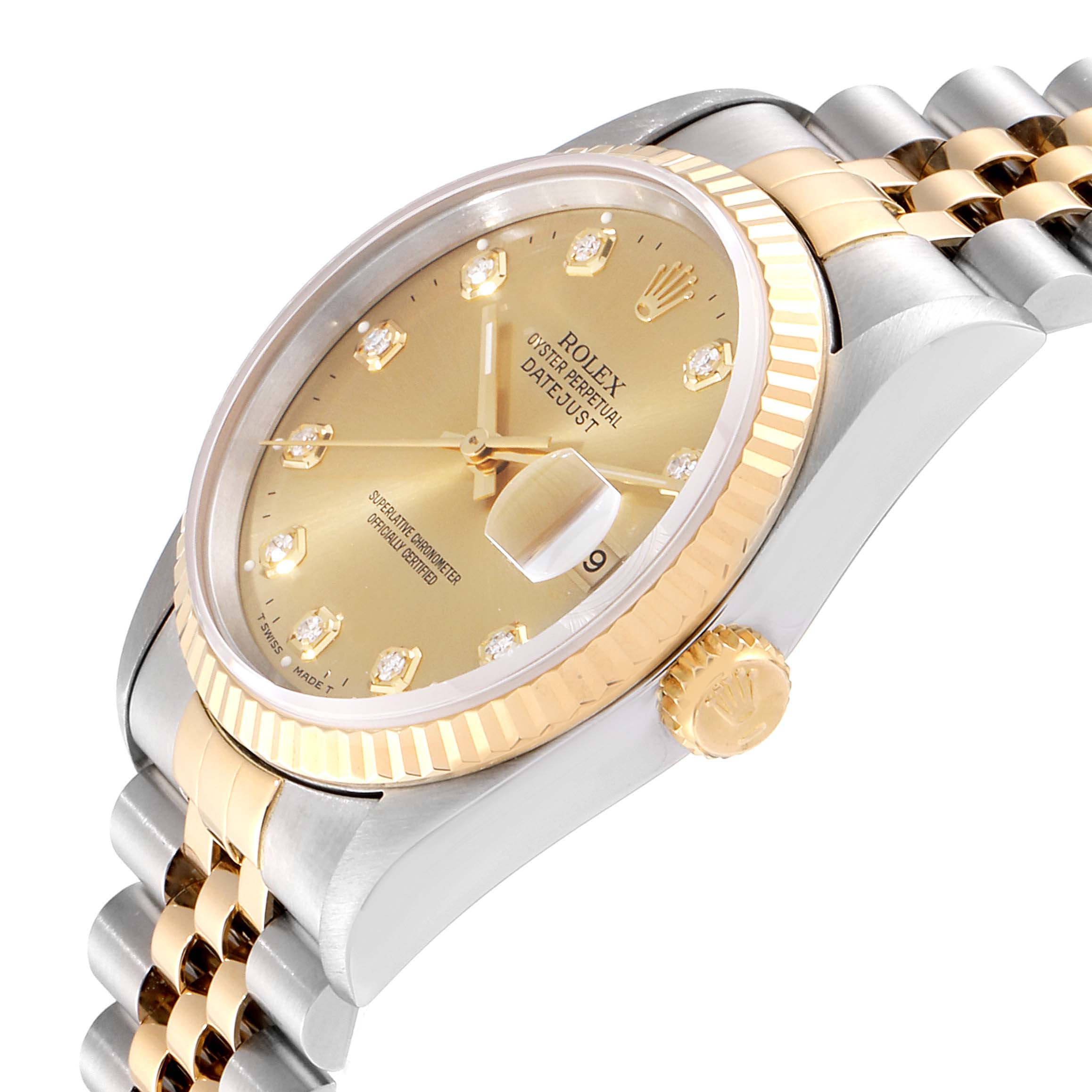 The image shows the side and partial face of the Rolex Datejust 16233 Men
s Steel and Gold (two tone) Champagne Dial 16233 Men
s Steel and Gold (two tone) Champagne Dial watch, highlighting the crown, bezel, and part of the bracelet.