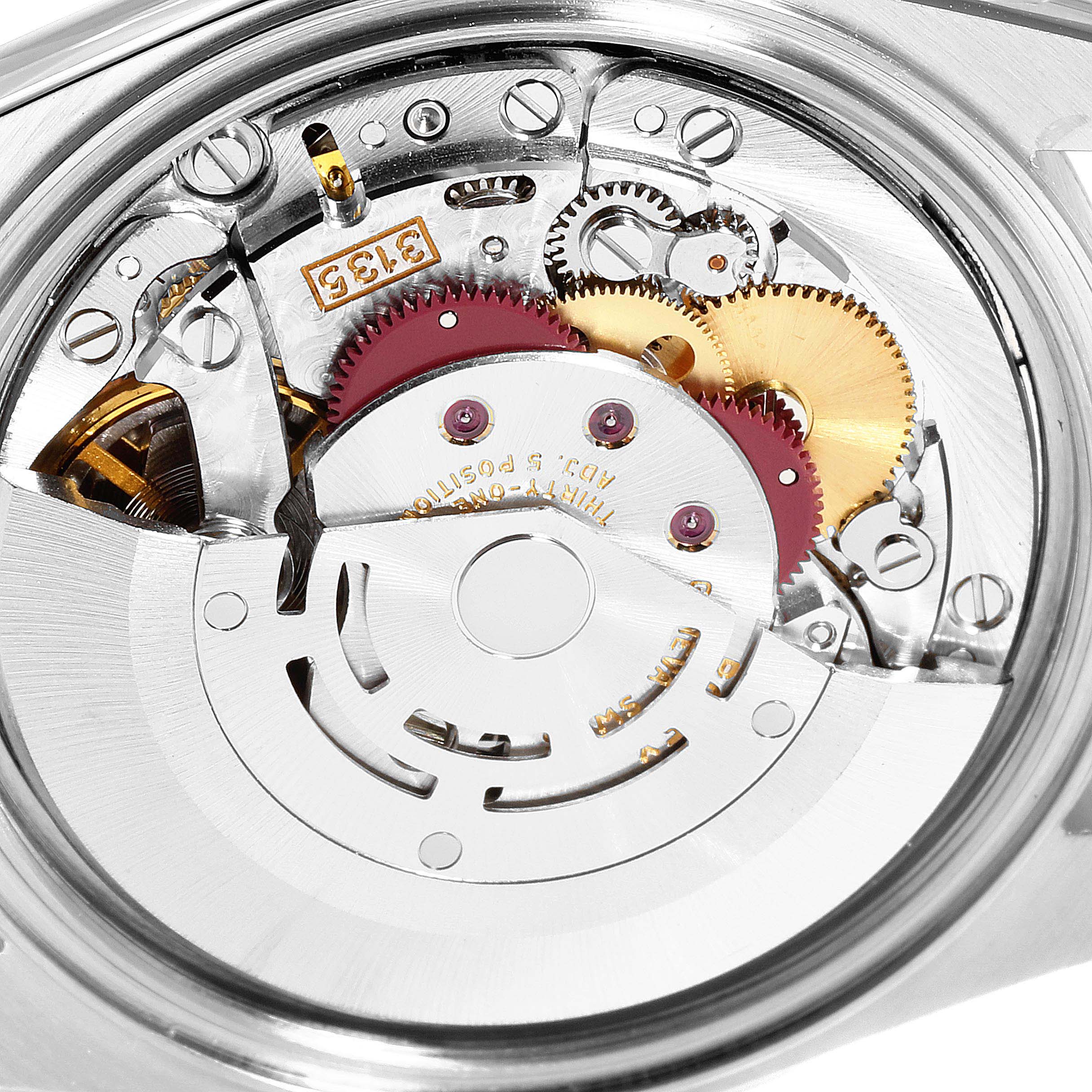 This image shows a close-up view of the mechanical movement inside a Rolex Datejust 16233 Men
s Steel and Gold (two tone) Champagne Dial 16233 Men
s Steel and Gold (two tone) Champagne Dial watch.