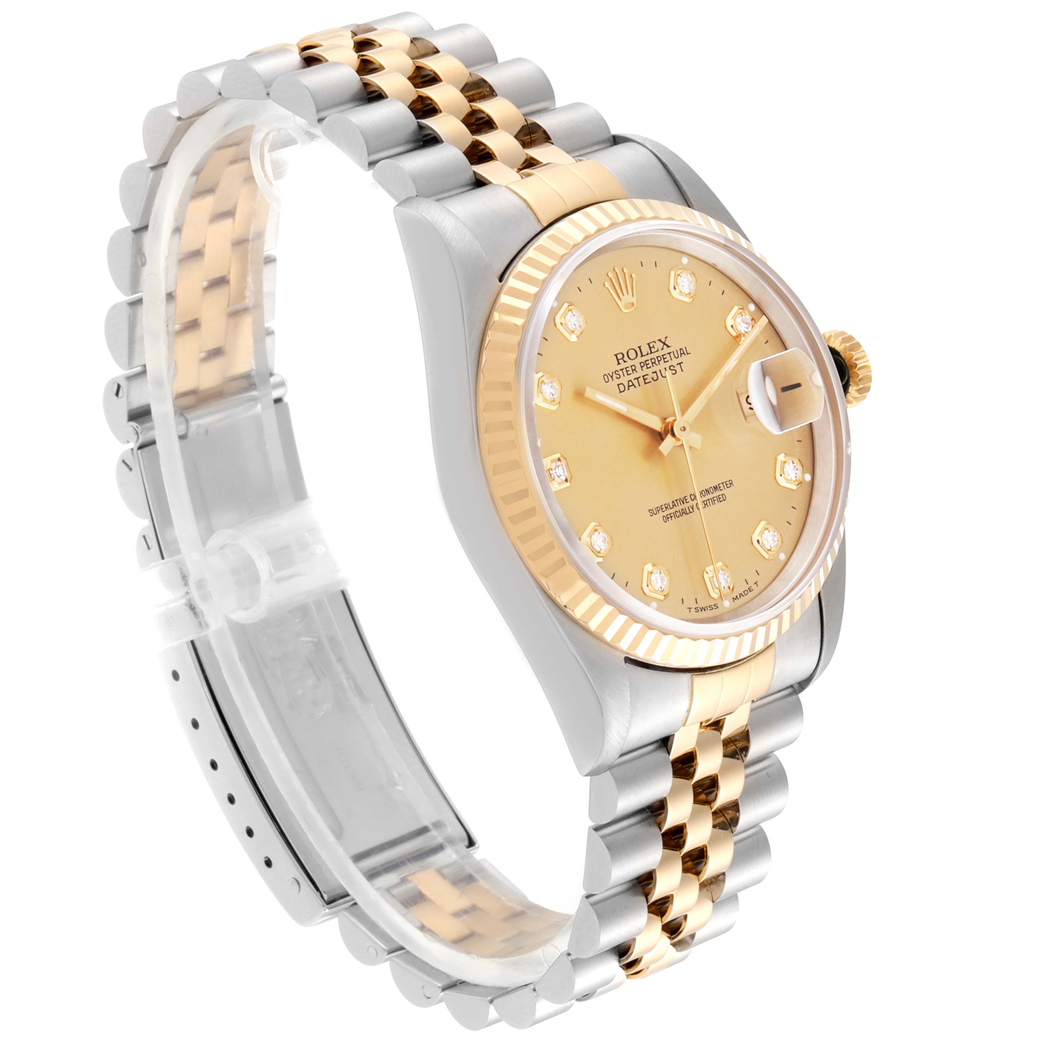 This image shows a Rolex Datejust 16233 Men
s Steel and Gold (two tone) Champagne Dial 16233 Men
s Steel and Gold (two tone) Champagne Dial watch at a three-quarter angle, highlighting its gold dial, fluted bezel, and Jubilee bracelet.