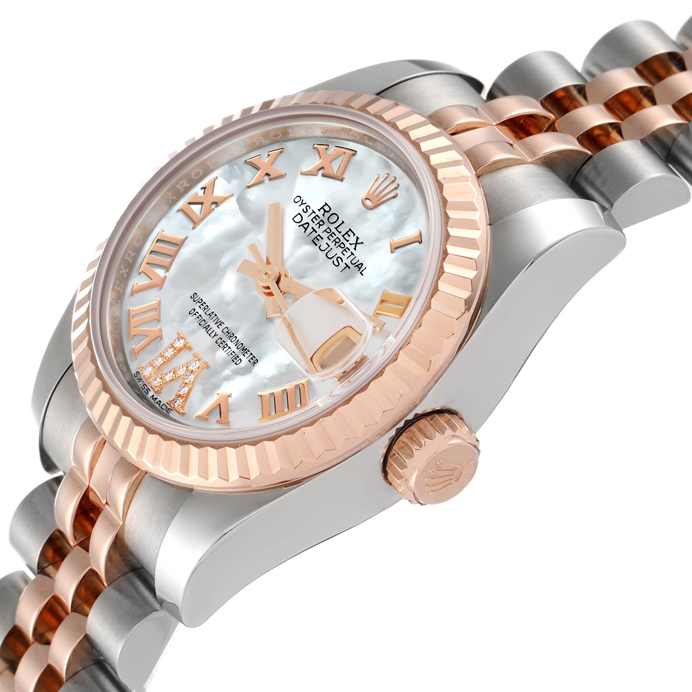 This image shows a close-up angled view of the face, bezel, crown, and part of the bracelet of a Rolex Datejust 179171 Women's Steel and Gold (two tone) Mother of Pearl Dial 179171 Women's Steel and Gold (two tone) Mother of Pearl Dial watch.