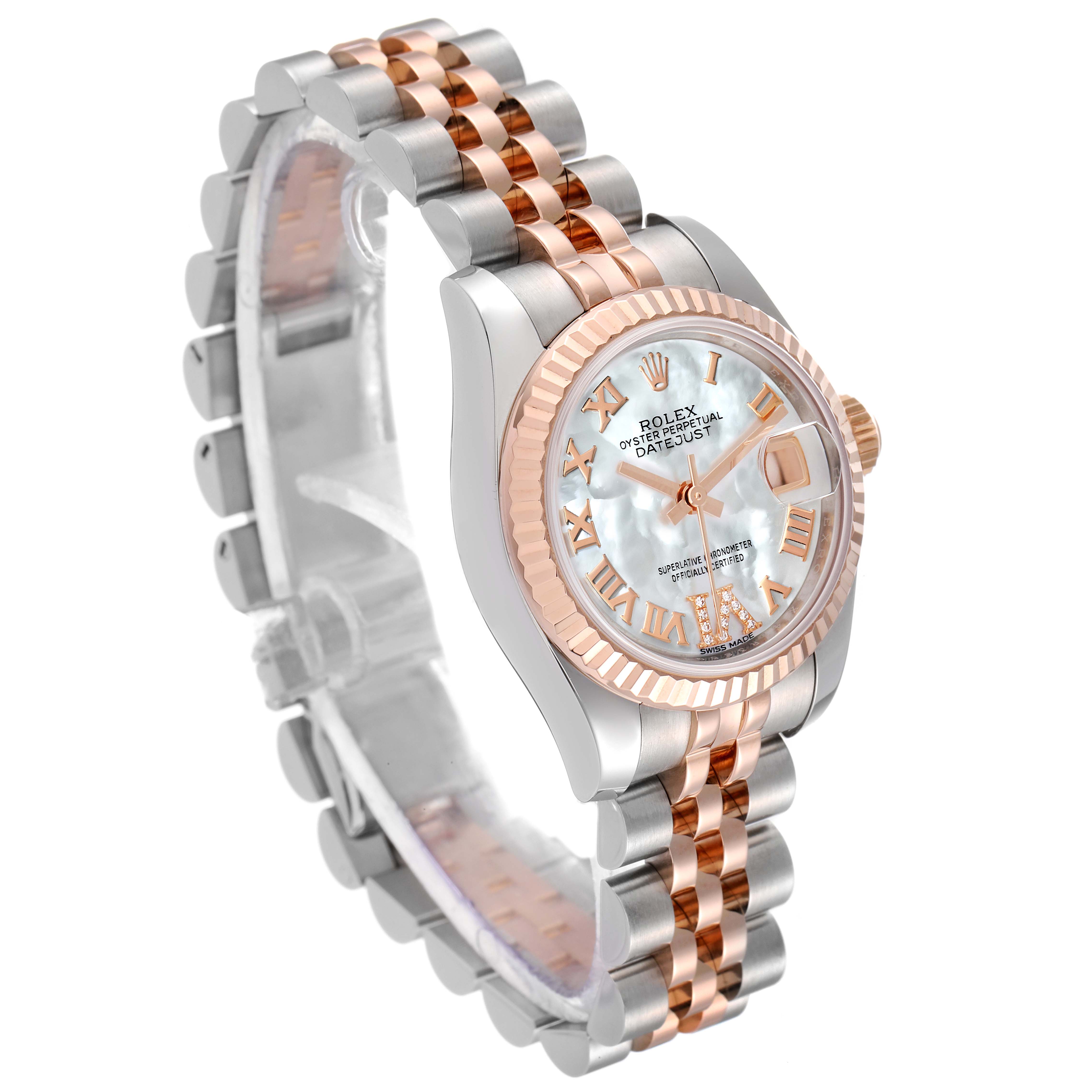 This image shows a Rolex Datejust 179171 Women's Steel and Gold (two tone) Mother of Pearl Dial 179171 Women's Steel and Gold (two tone) Mother of Pearl Dial watch at a 3/4 angle, displaying its face, bezel, and part of the bracelet.