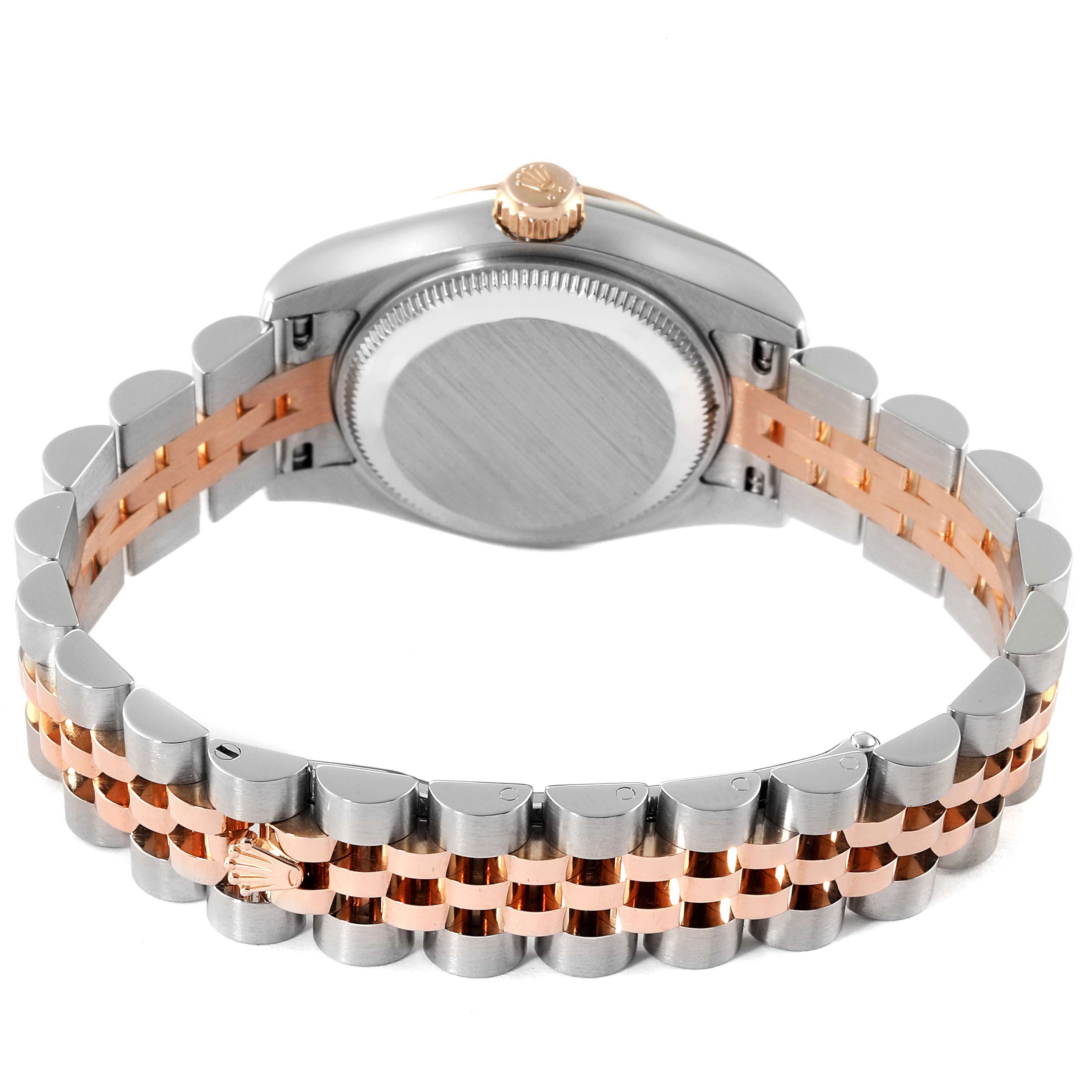 The image shows the backside of a Rolex Datejust 179171 Women's Steel and Gold (two tone) Mother of Pearl Dial 179171 Women's Steel and Gold (two tone) Mother of Pearl Dial watch including its jubilee bracelet and the case back.