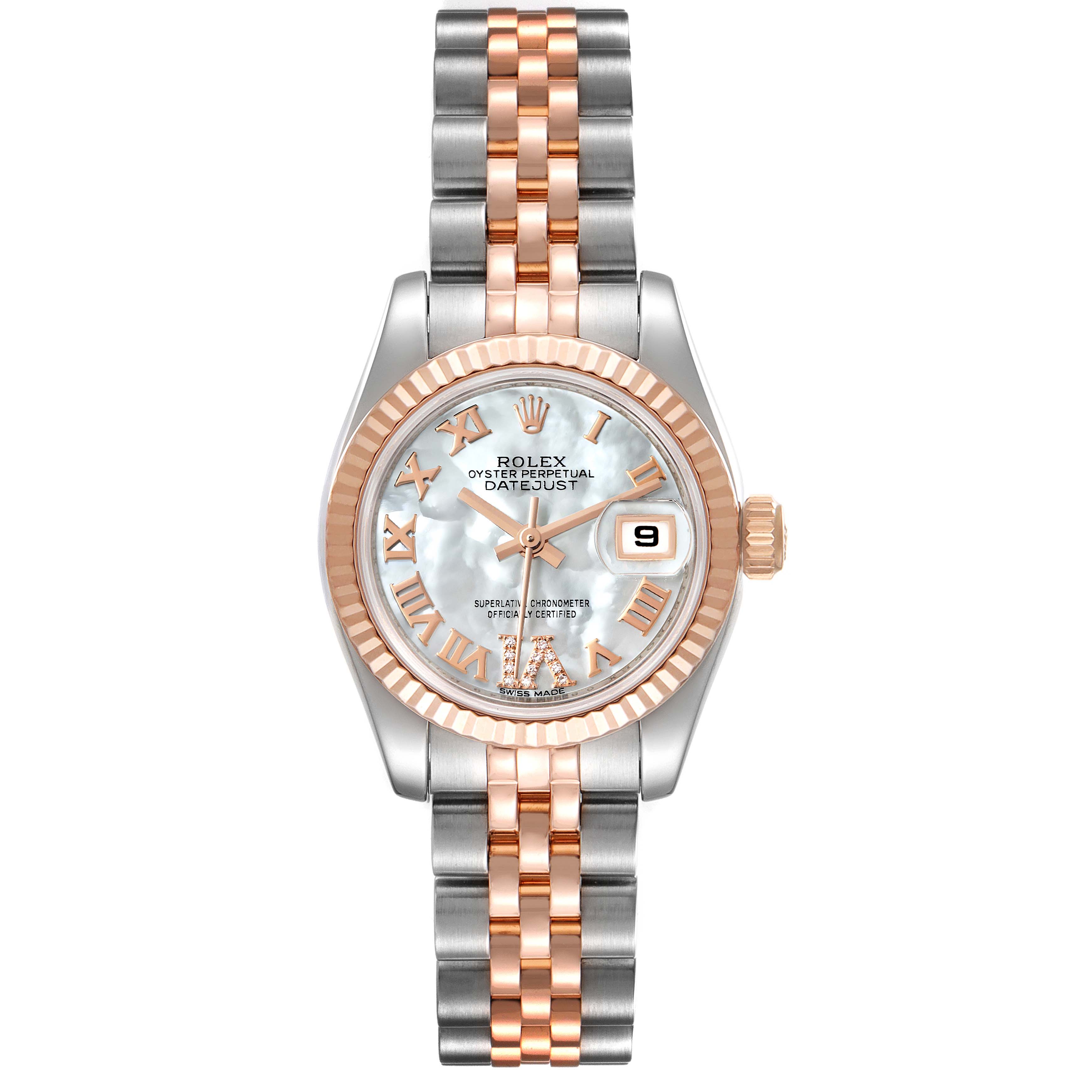 The image showcases a front view of a Rolex Datejust 179171 Women's Steel and Gold (two tone) Mother of Pearl Dial 179171 Women's Steel and Gold (two tone) Mother of Pearl Dial watch, displaying its dial, bezel, and bracelet.