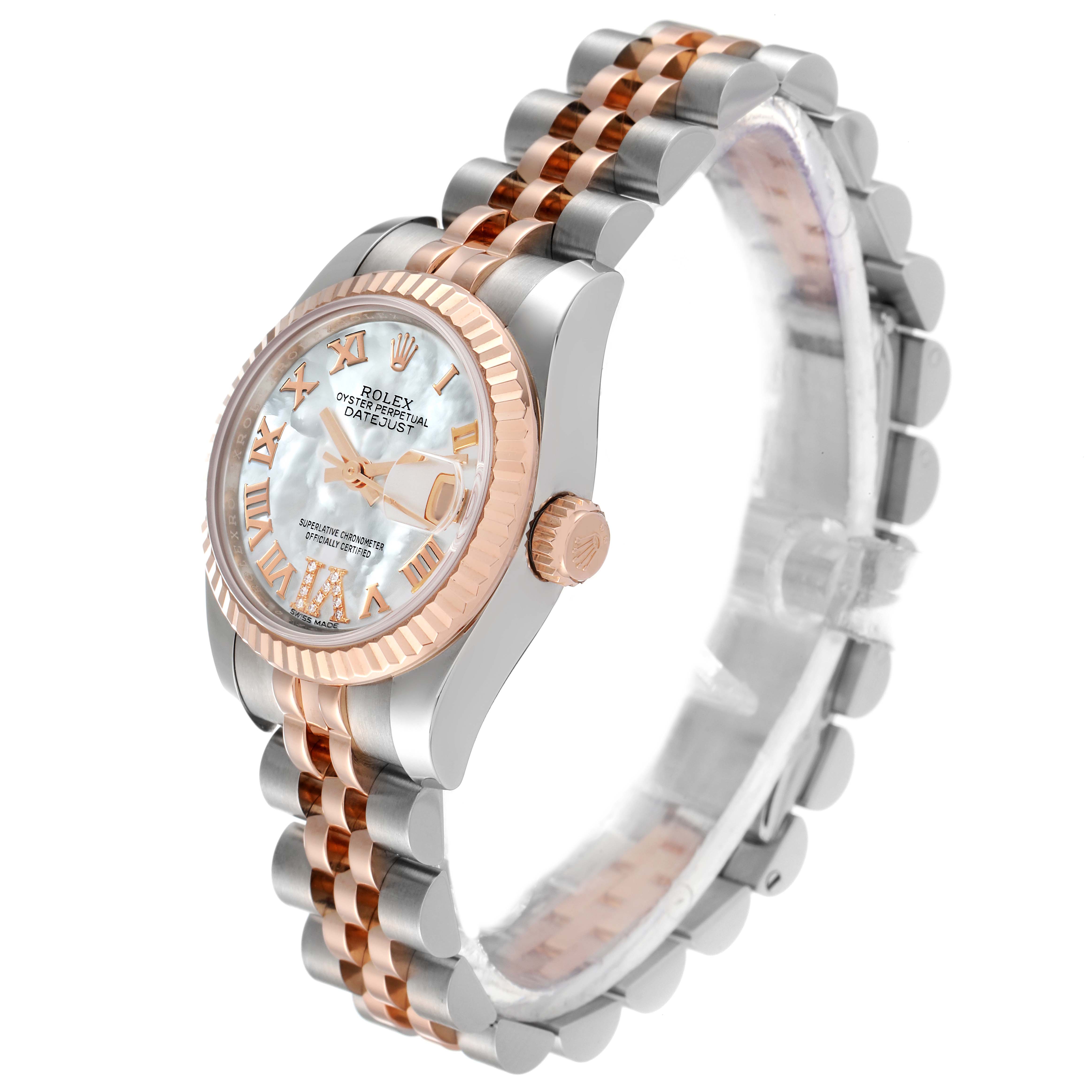 This image shows a side-angle view of the Rolex Datejust 179171 Women's Steel and Gold (two tone) Mother of Pearl Dial 179171 Women's Steel and Gold (two tone) Mother of Pearl Dial watch, highlighting its dial, bezel, crown, and two-tone bracelet.