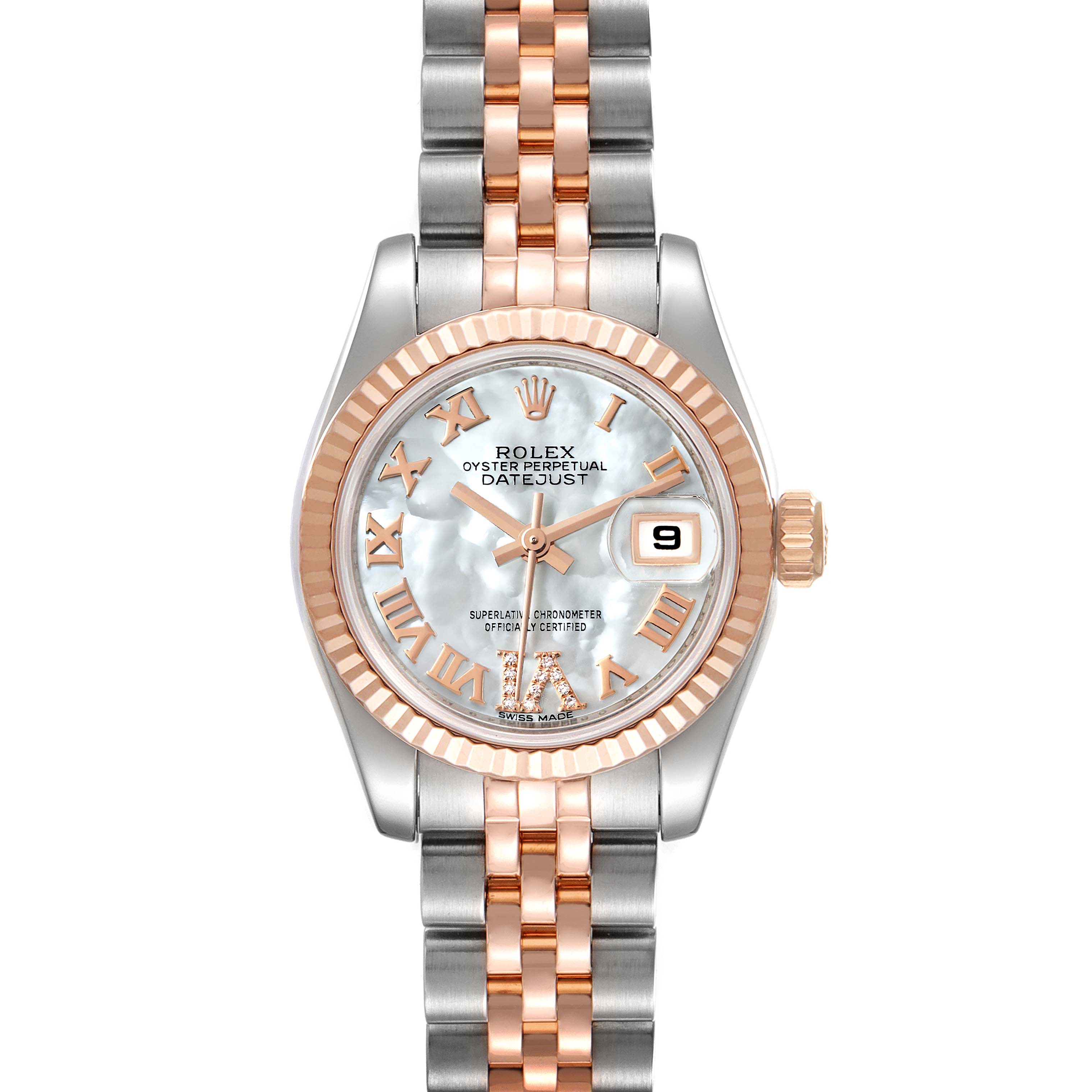 The Rolex Datejust 179171 Women's Steel and Gold (two tone) Mother of Pearl Dial 179171 Women's Steel and Gold (two tone) Mother of Pearl Dial watch is shown from the front, displaying its dial, bezel, and bracelet.