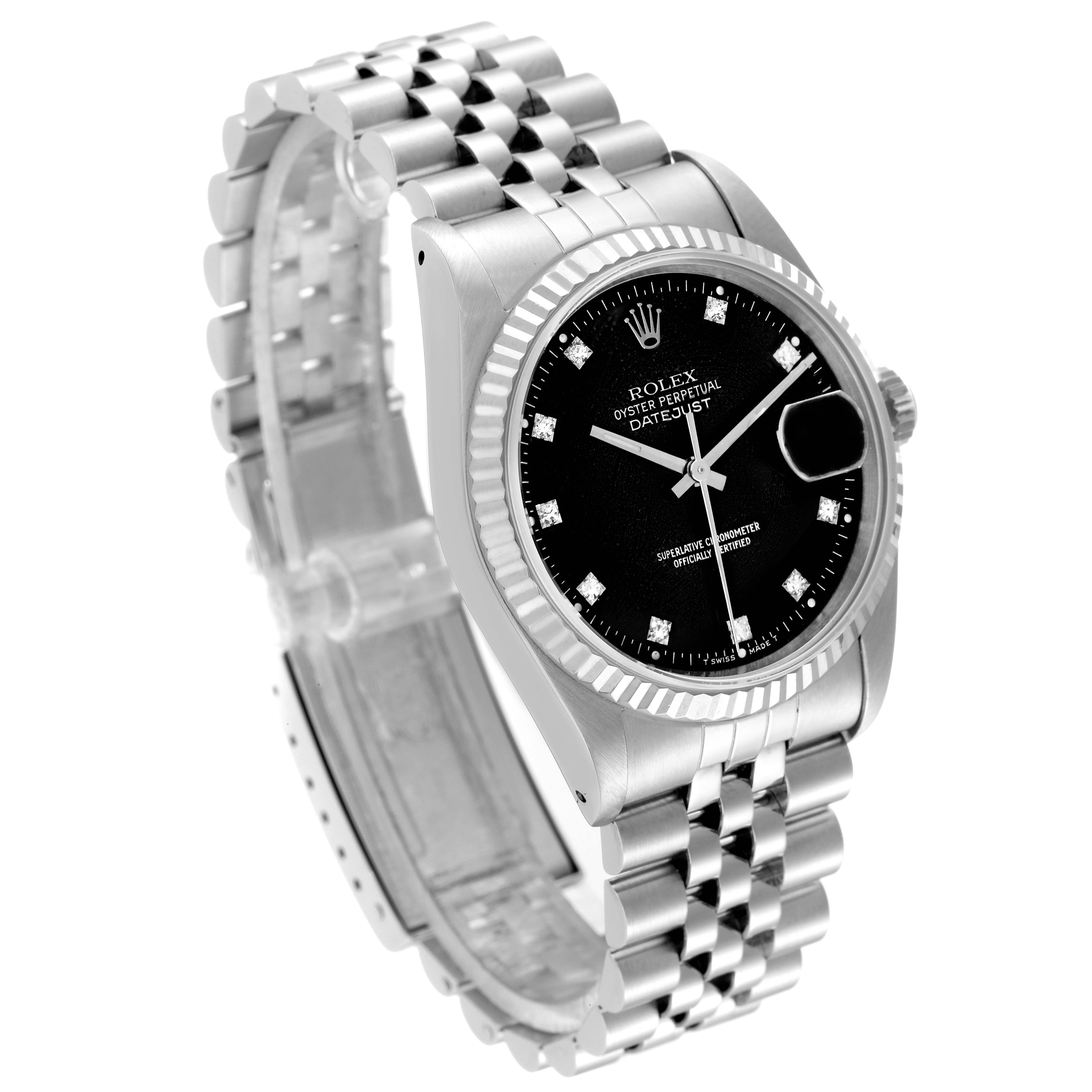 The image shows a three-quarter view of a Rolex Datejust 16234 Men's Stainless Steel Black Dial 16234 Men's Stainless Steel Black Dial watch, highlighting its black dial, fluted bezel, and jubilee bracelet.