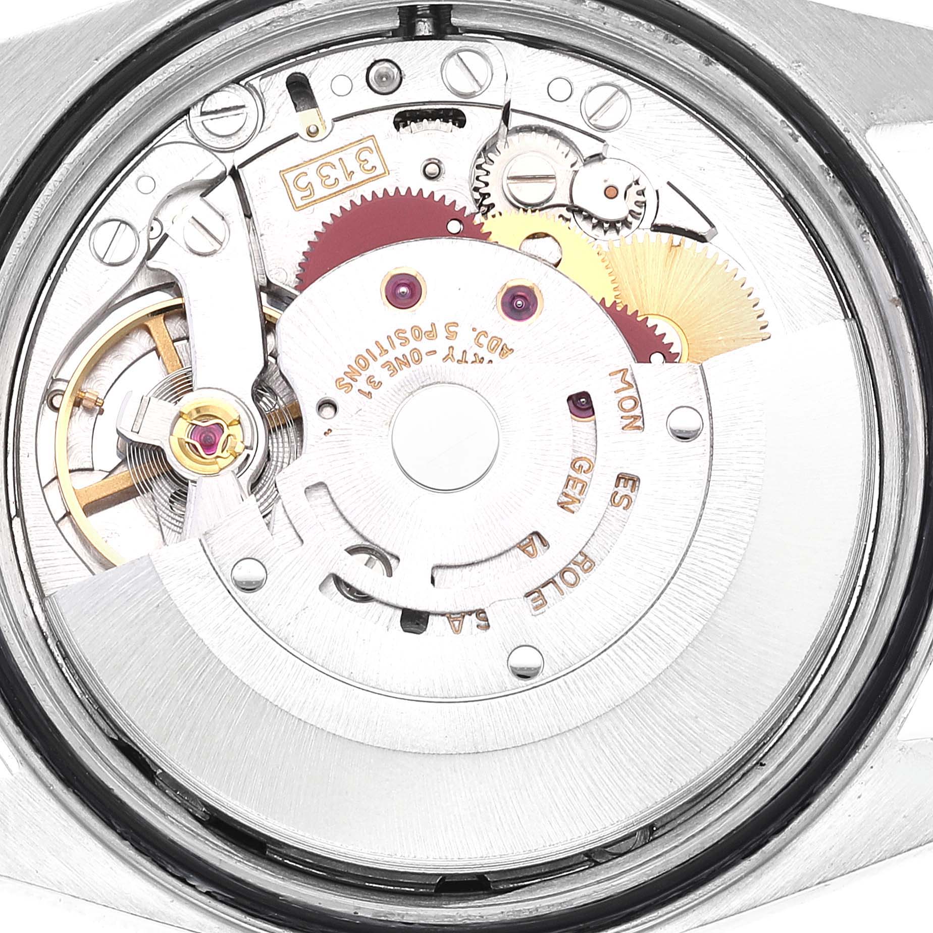 The image shows the internal mechanism of a Rolex Datejust 16234 Men's Stainless Steel Black Dial 16234 Men's Stainless Steel Black Dial watch, viewed from the back case.