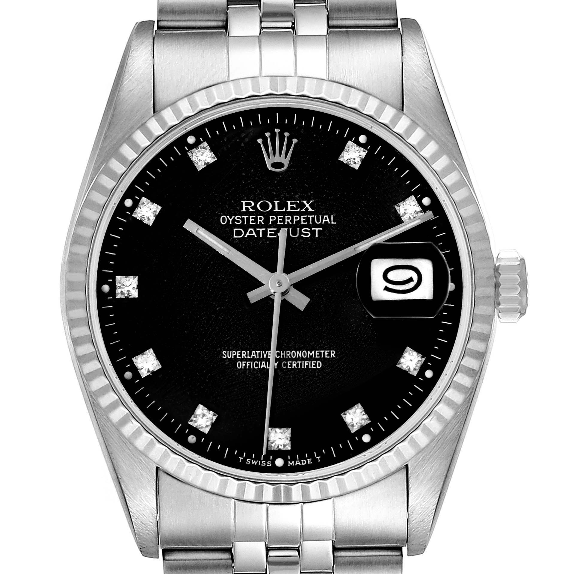 The image shows a Rolex Datejust 16234 Men's Stainless Steel Black Dial 16234 Men's Stainless Steel Black Dial watch from a front angle, highlighting the dial, crown, and part of the bracelet.