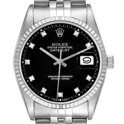 The image shows a front view of a Rolex Datejust watch, highlighting its black dial, diamond hour markers, and the date window with a cyclops lens.