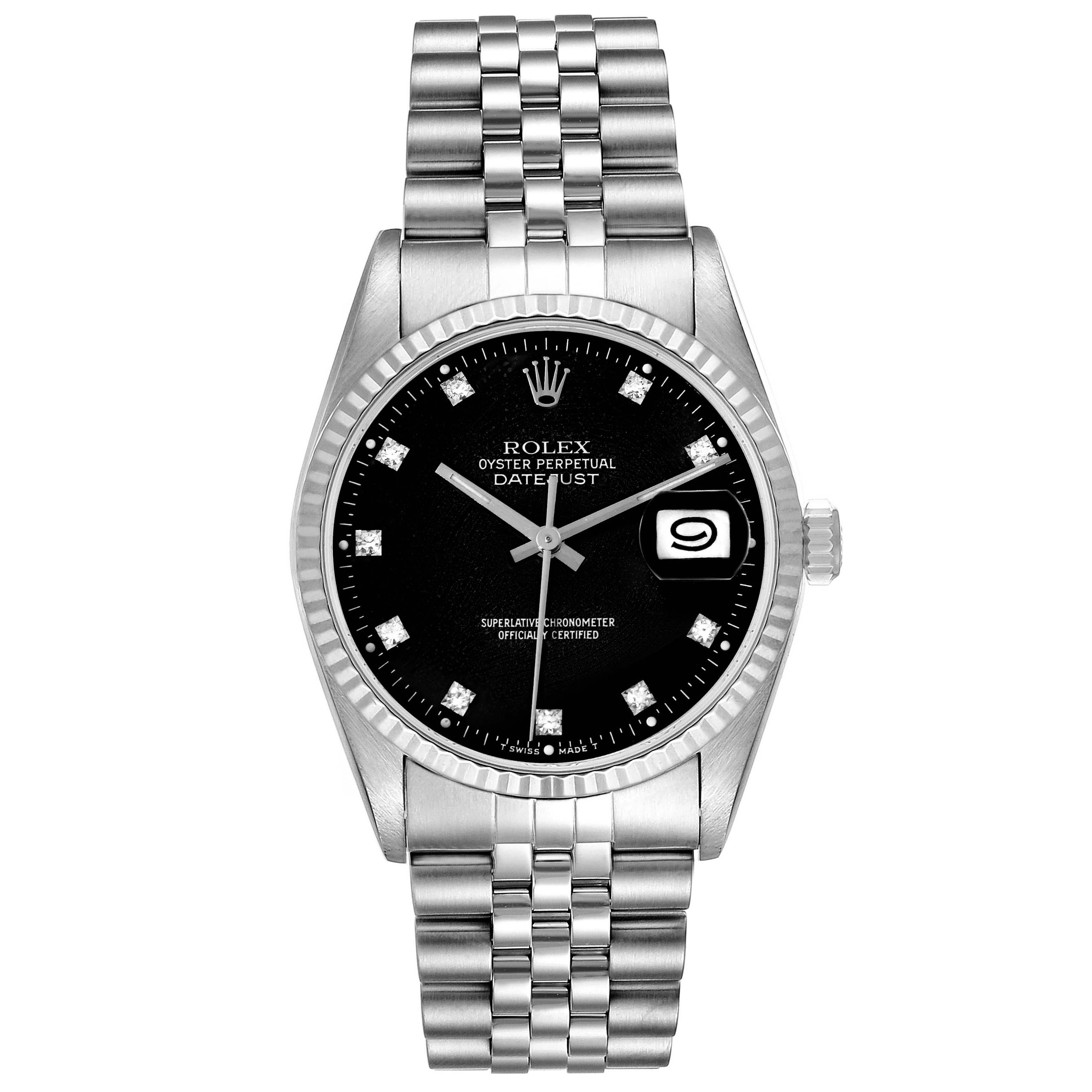 This image shows a frontal view of the Rolex Datejust 16234 Men's Stainless Steel Black Dial 16234 Men's Stainless Steel Black Dial watch, highlighting its black dial, date display, and Jubilee bracelet.