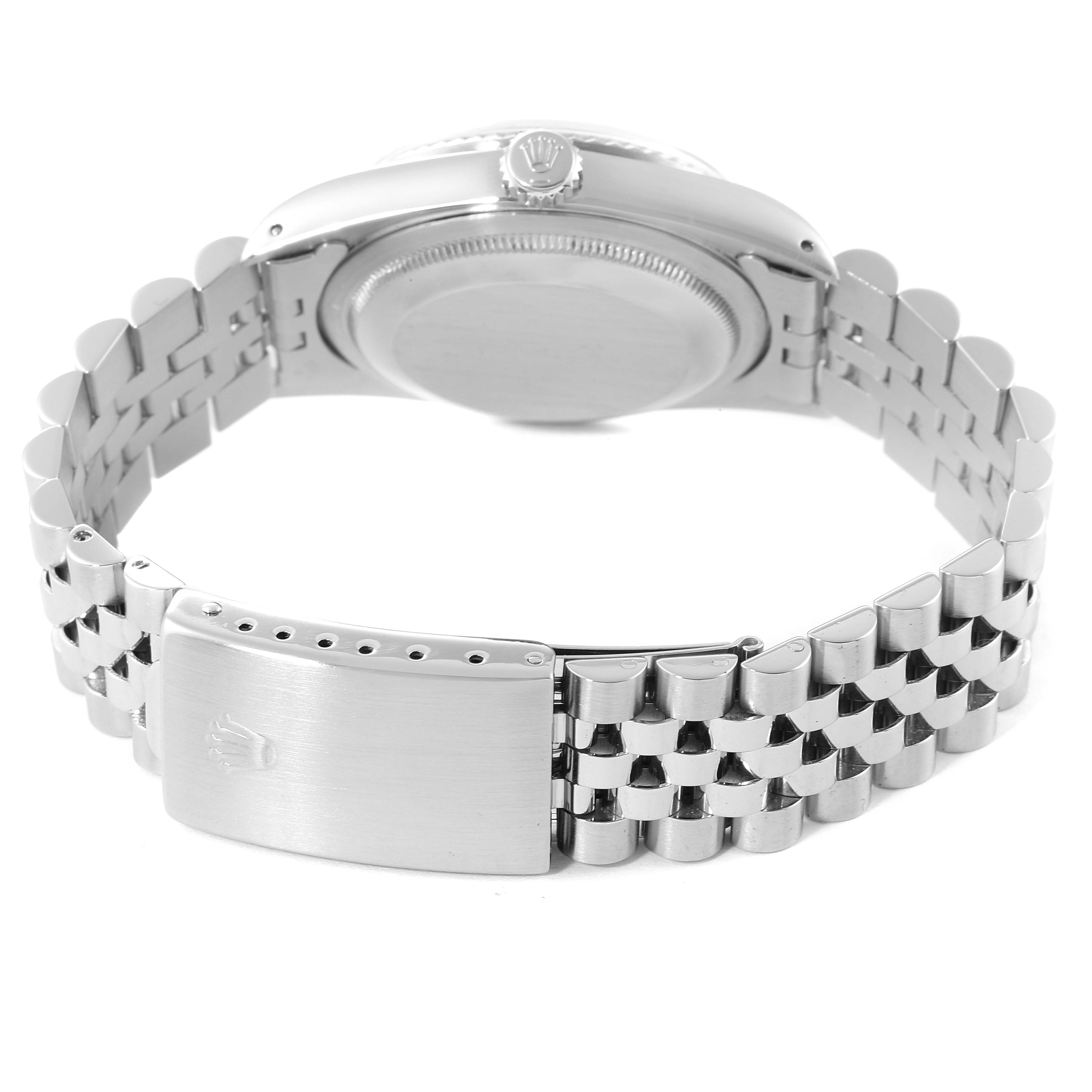 The image shows the back view of a Rolex Datejust 16234 Men's Stainless Steel Black Dial 16234 Men's Stainless Steel Black Dial watch, highlighting the case back, crown, and Jubilee bracelet with clasp.