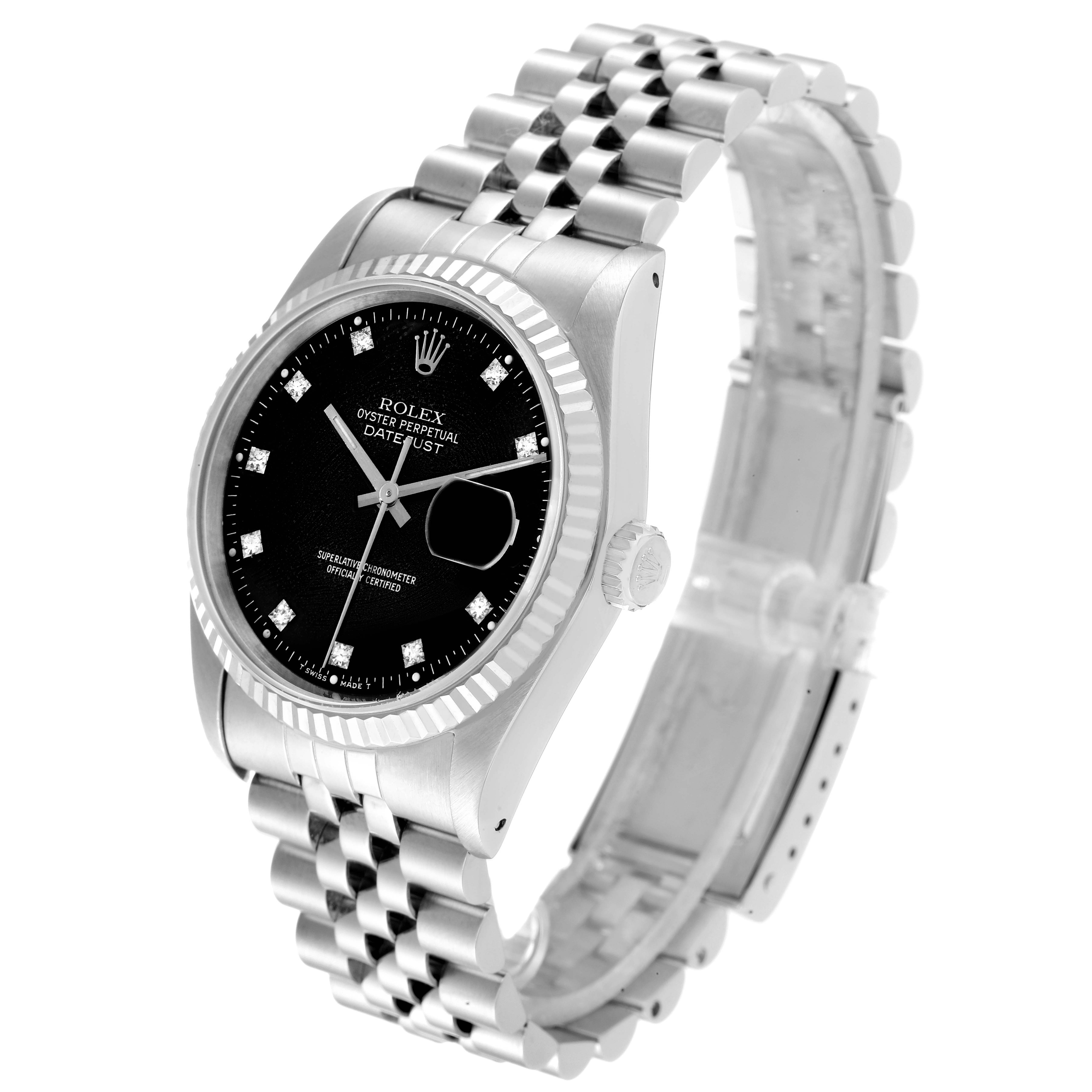 The image shows a Rolex Datejust 16234 Men's Stainless Steel Black Dial 16234 Men's Stainless Steel Black Dial watch at an angled side view, highlighting the bezel, dial, crown, and jubilee bracelet.