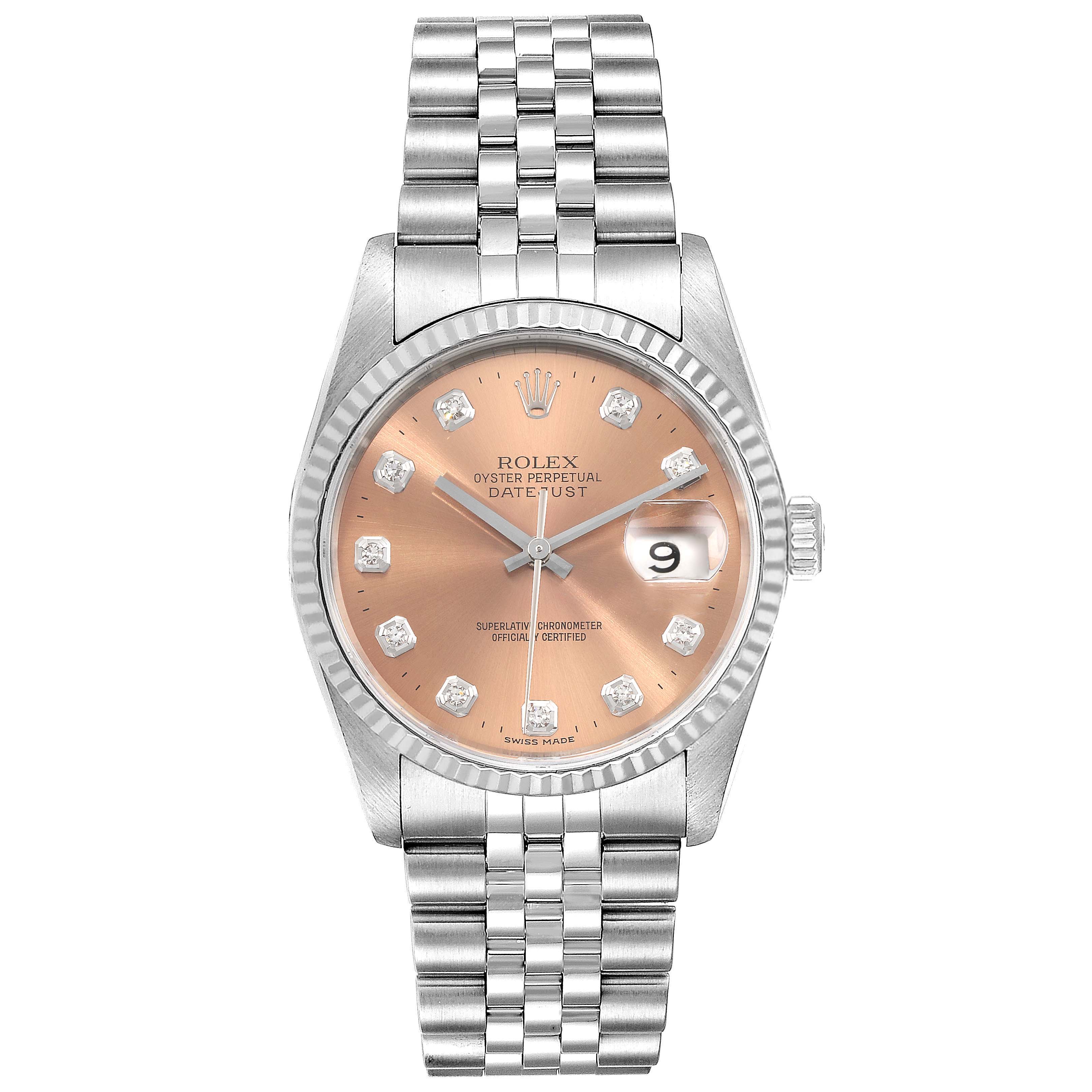 The Rolex Datejust 16234 Men's Stainless Steel Pink Dial 16234 Men's Stainless Steel Pink Dial watch is shown from a front angle, displaying its face, bezel, and Jubilee bracelet.