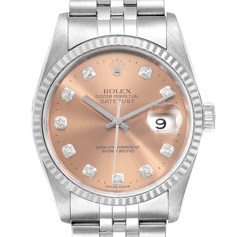 Rolex Datejust Steel White Gold Salmon Diamond Dial Mens Watch 16234 SwissWatchExpo