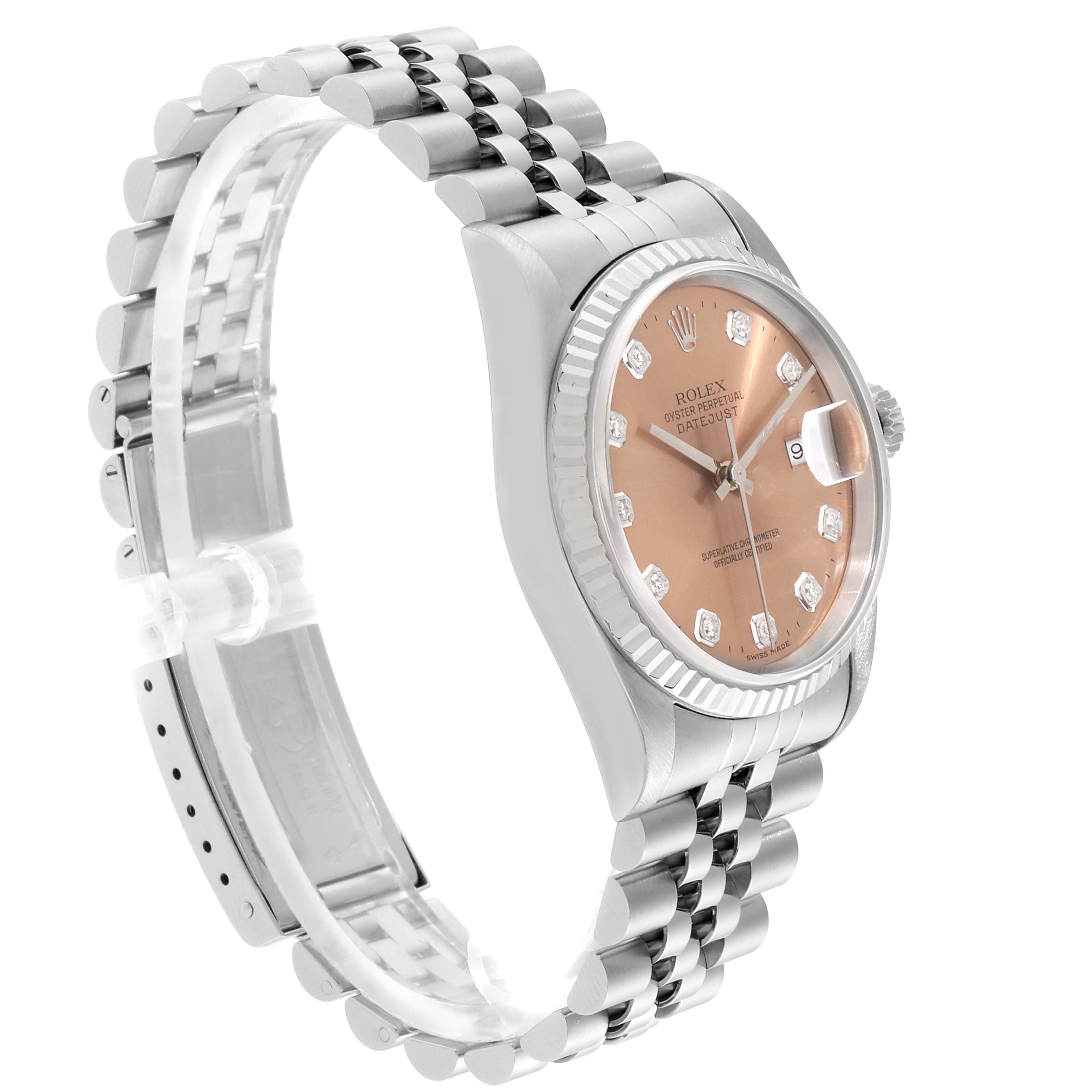 The Rolex Datejust 16234 Men's Stainless Steel Pink Dial 16234 Men's Stainless Steel Pink Dial watch is shown from an angle highlighting the face, crown, and Jubilee bracelet.