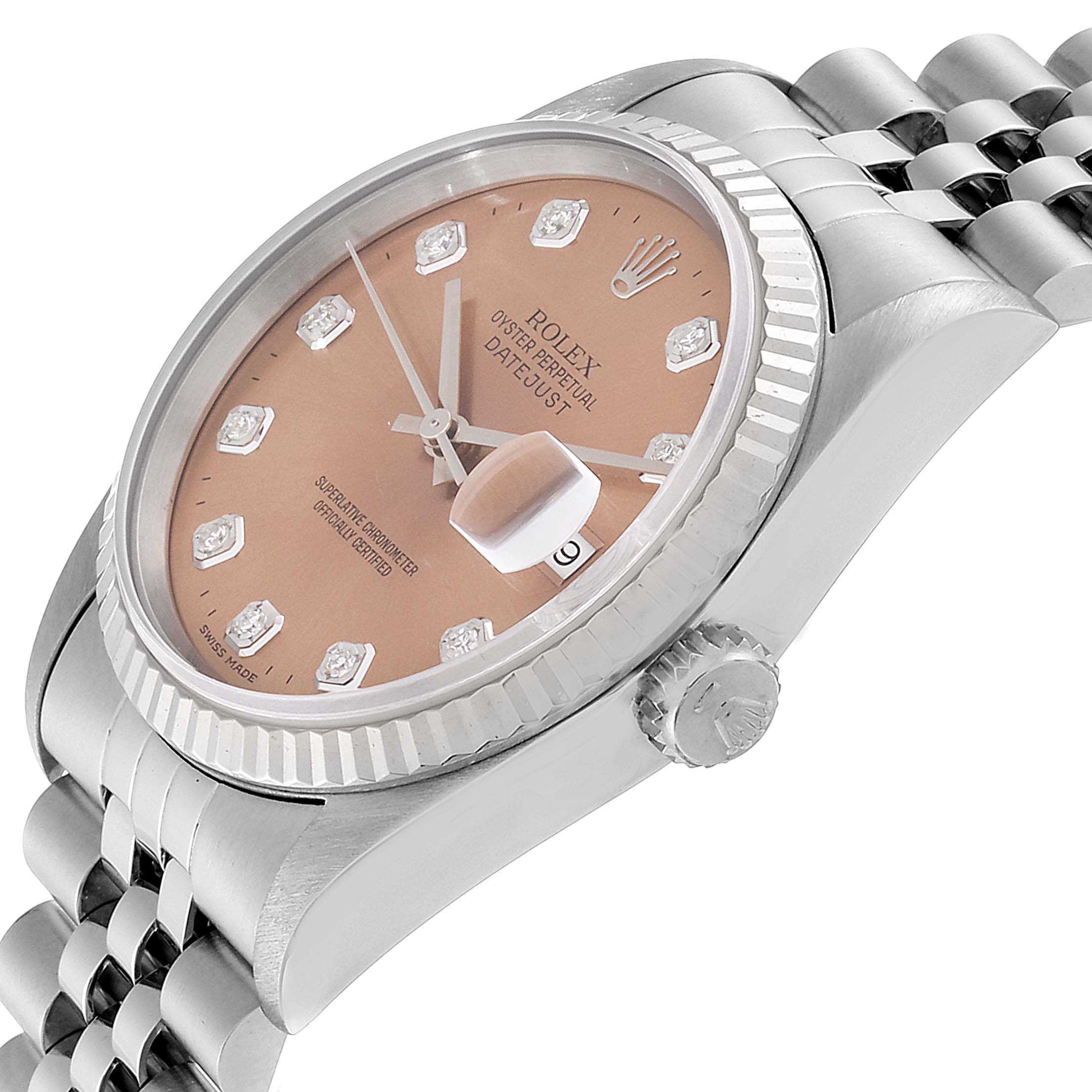 The image shows a side angle of the Rolex Datejust 16234 Men's Stainless Steel Pink Dial 16234 Men's Stainless Steel Pink Dial watch, highlighting its bezel, dial, crown, and bracelet.