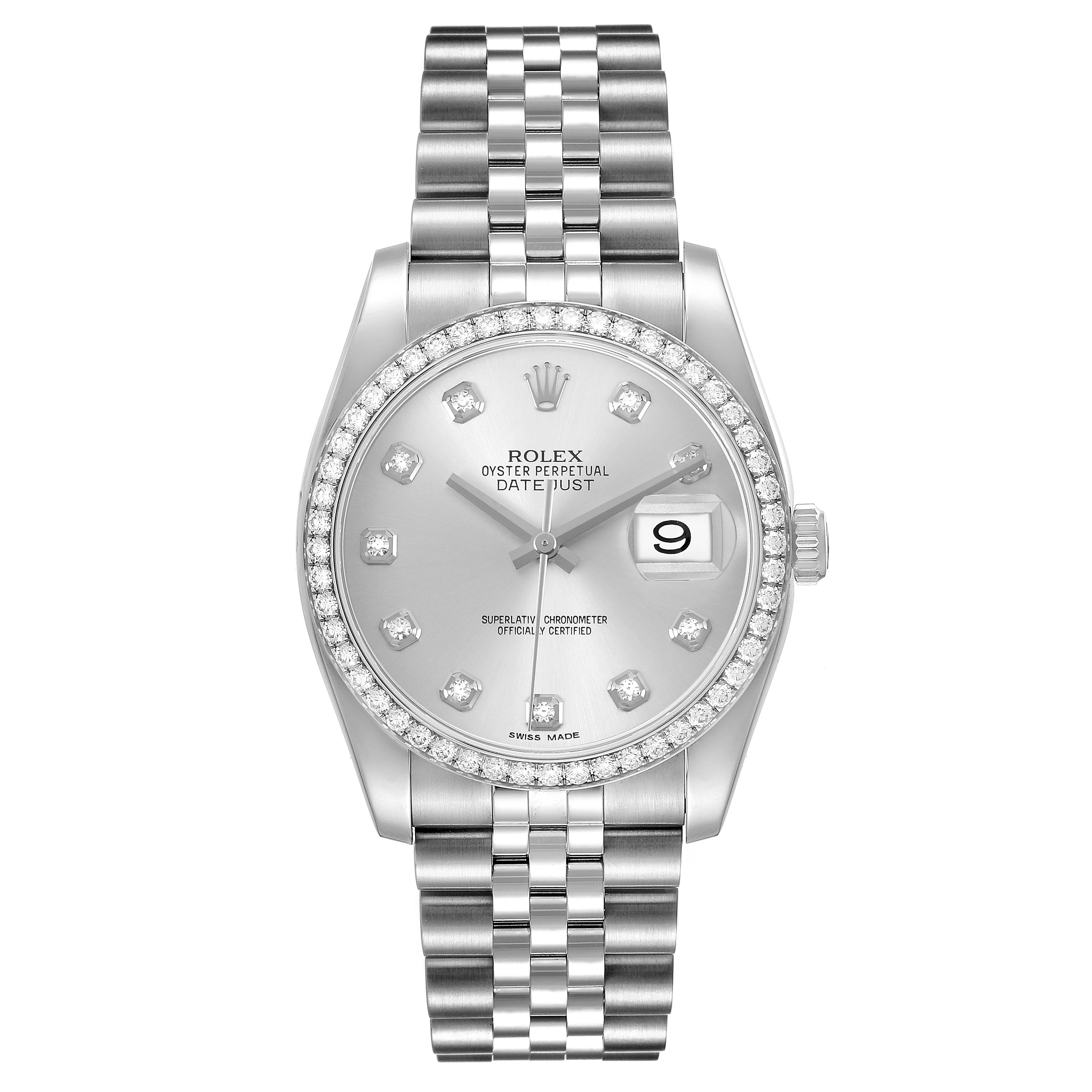 The Rolex Datejust 116244 Men's Stainless Steel Silver Dial watch is shown from a top view, displaying the face, bezel, and bracelet.