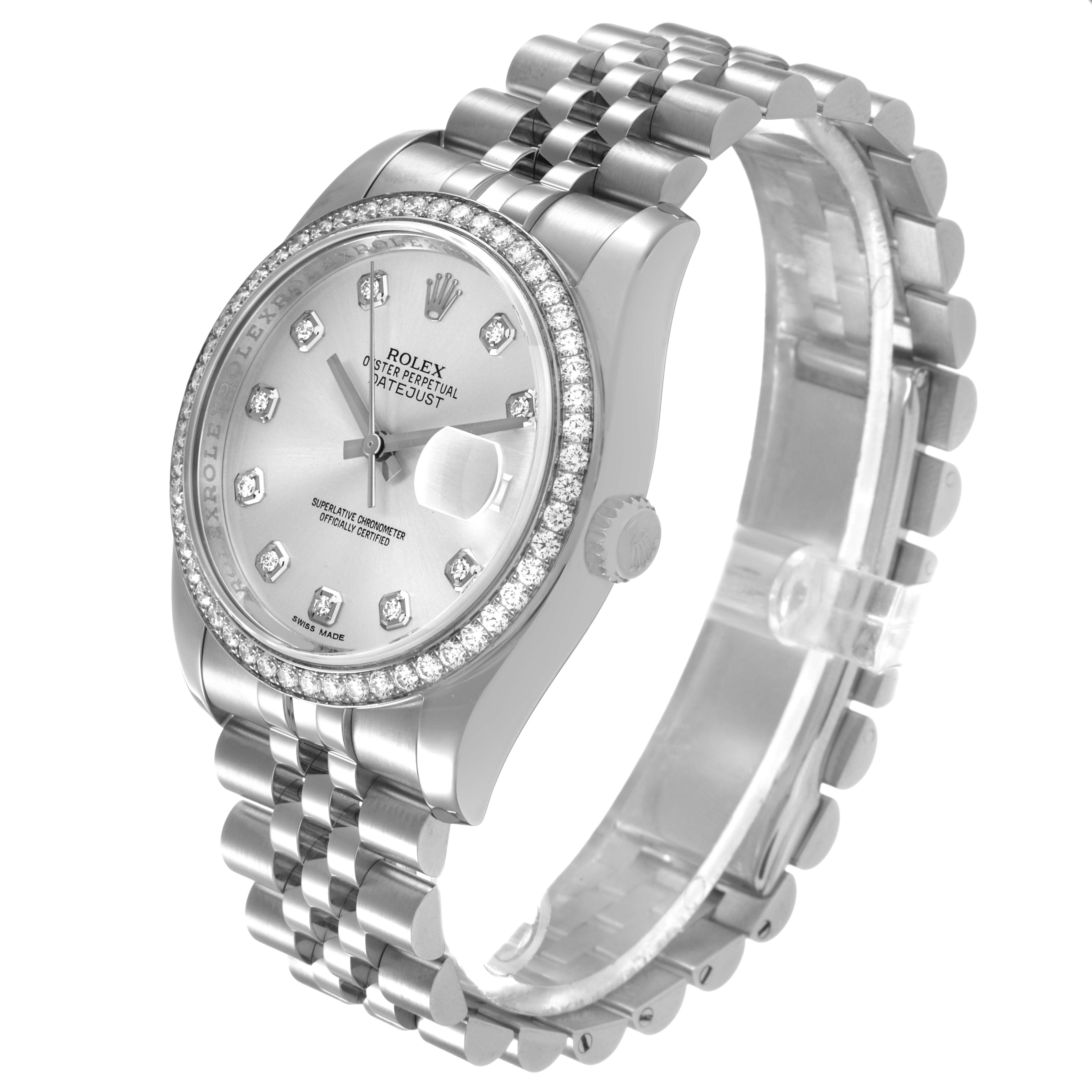 The Rolex Datejust 116244 Men's Stainless Steel Silver Dial watch is shown at a three-quarter angle, highlighting the face, diamond bezel, and jubilee bracelet.