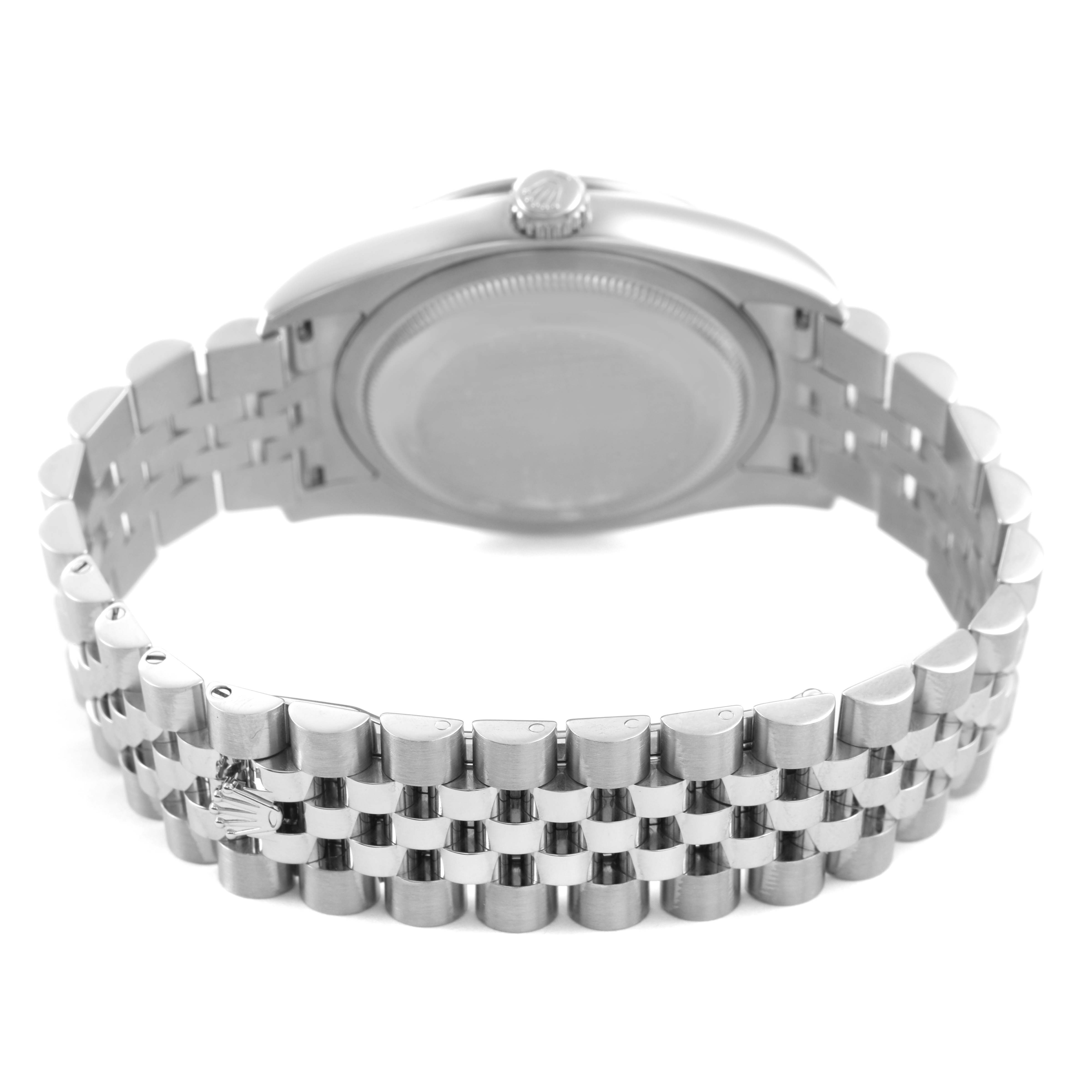 The image shows the back view of a Rolex Datejust 116244 Men's Stainless Steel Silver Dial, highlighting the case back and Jubilee bracelet.