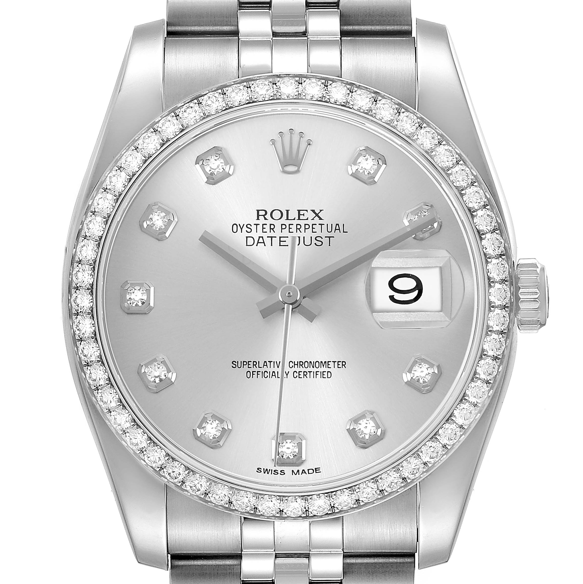 The Rolex Datejust 116244 Men's Stainless Steel Silver Dial watch is shown from a top-down angle, highlighting the diamond bezel, dial, and bracelet.